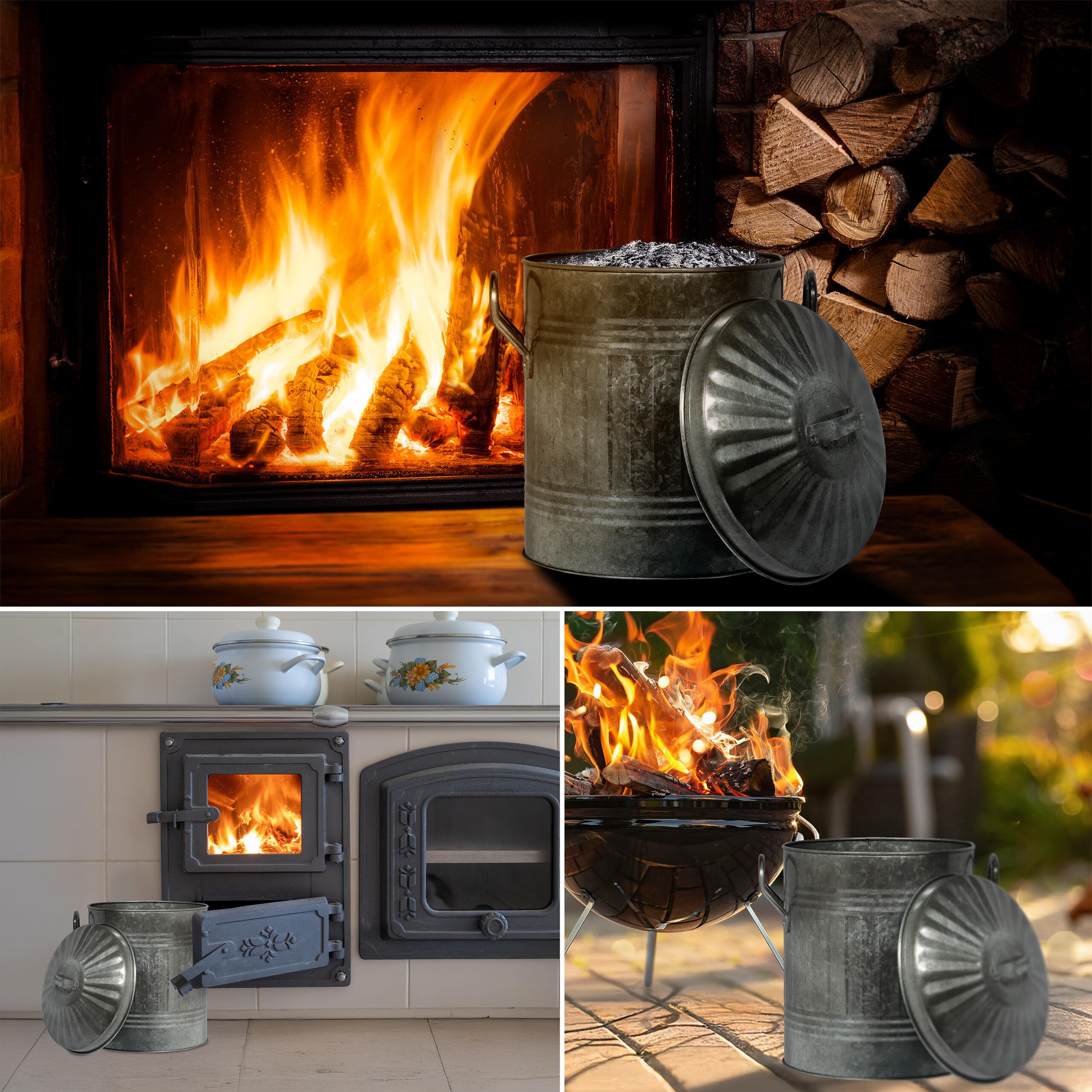 Relaxdays Cubo para Cenizas con Tapa, 10 L, Accesorio Chimenea, Estufa, Almacenar Carbón, Hierro Galvanizado, Plateado