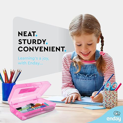 Miniatura 2 de Enday Caja de lápices de plástico con tapas de cierre a presión, color rosa, pequeño organizador de suministros escolares y de oficina, también