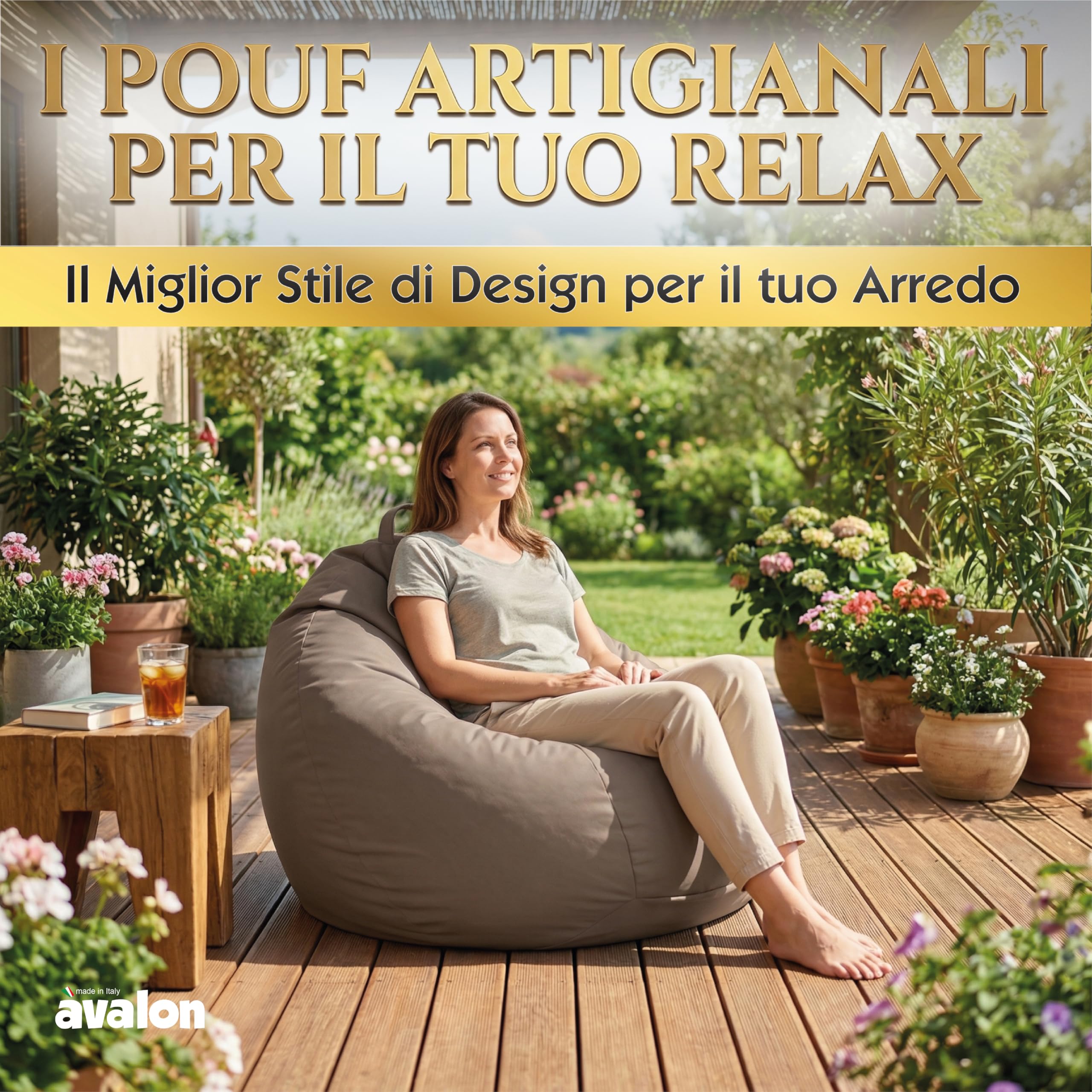 Avalon - Puff Poltrona Sacco Grande SOFTY 80×80×H75cm Sfoderabile, Pouf Sacco di Qualità Sartoriale, Bean Bag per Sedersi Ergonomico, Tessuto Antistrappo Impermeabile, Made in Italy(Tortora)