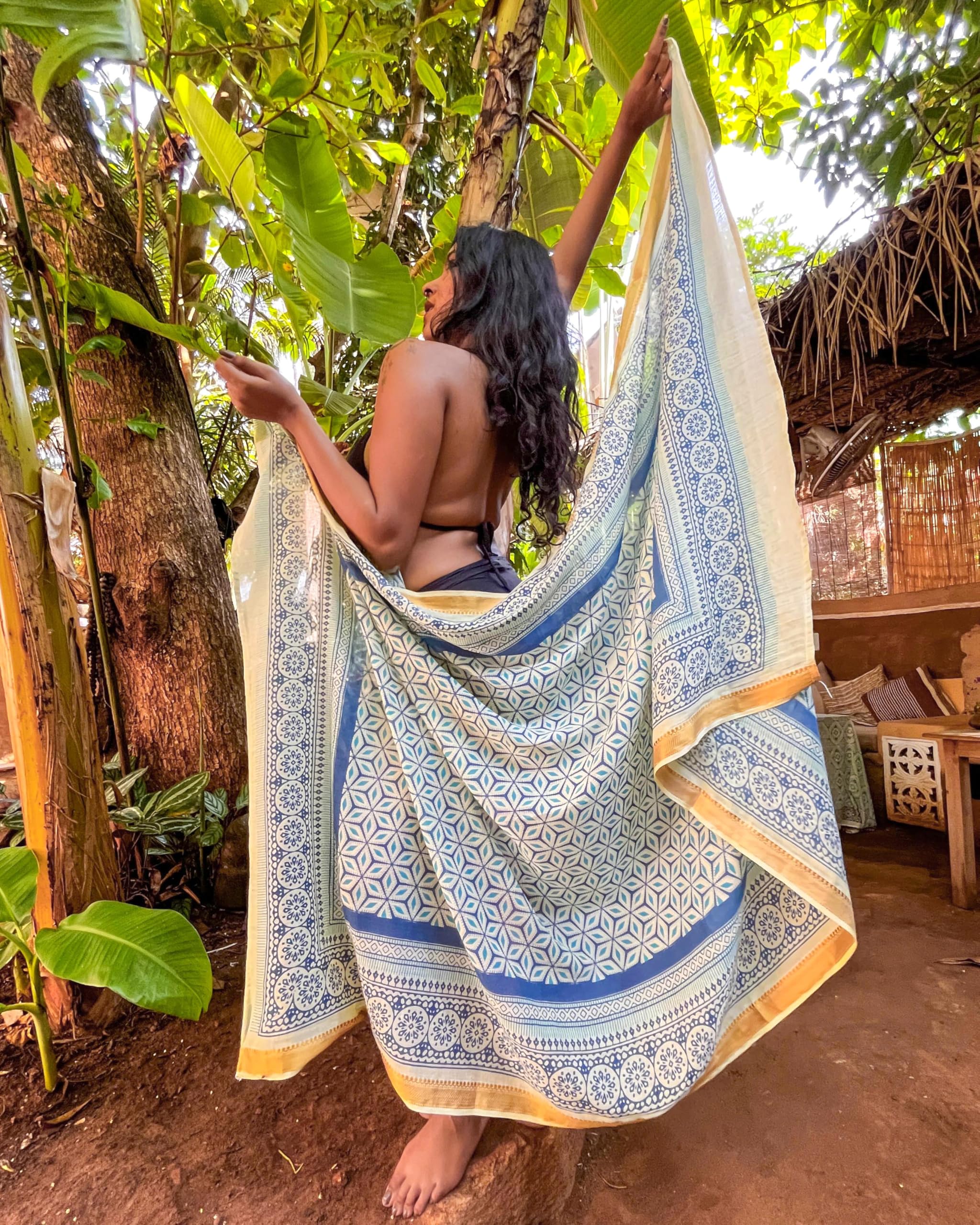 Mandala Life ART Pareo da Spiaggia Donna Stampato a Mano – Sarong Indiano con Bordo Dorato – Cotone Morbido