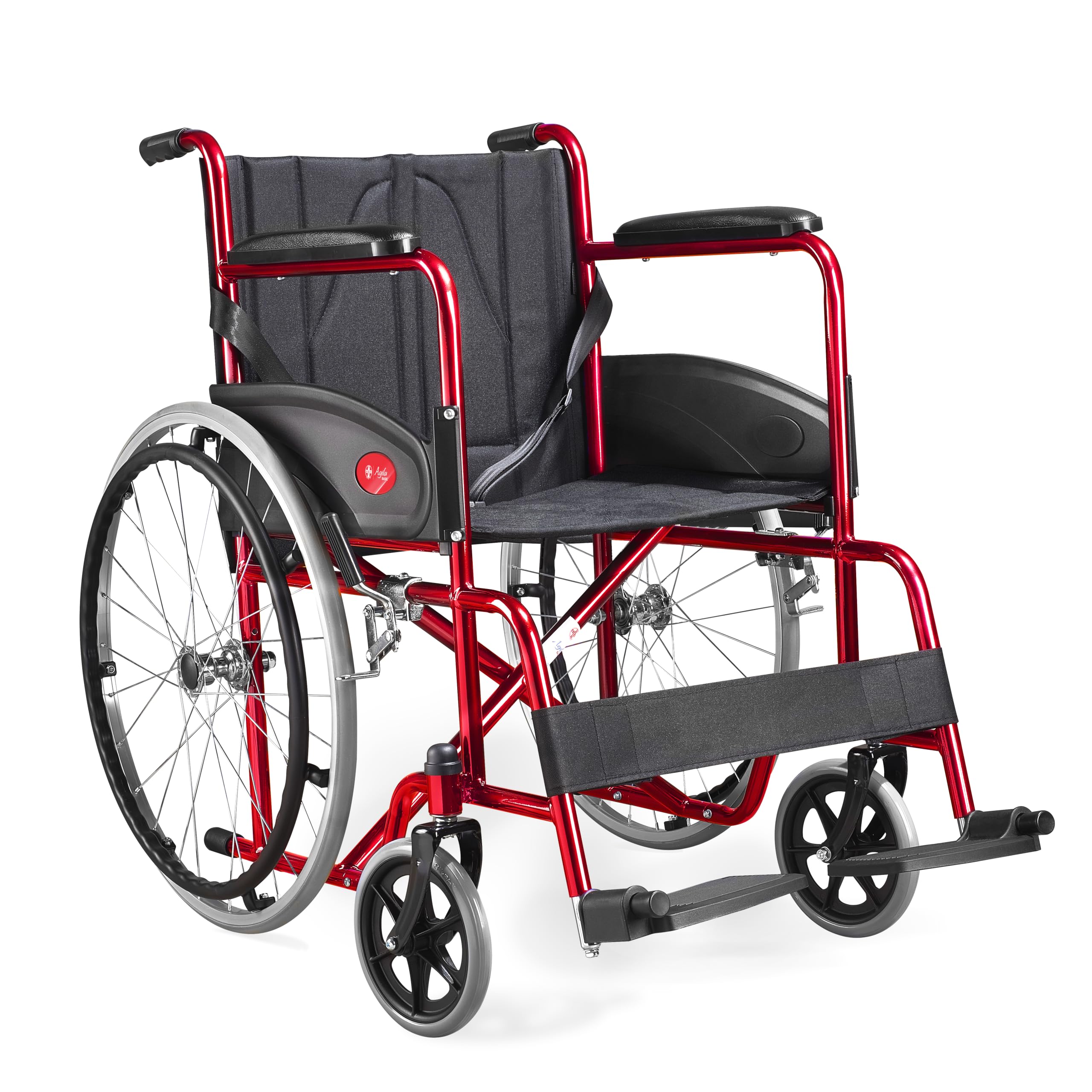AIESI® Rollstuhl Faltbar leicht selbstfahrend für Behinderte und ältere Menschen AGILA BASIC, Feste Armlehnen und Fußstützen, Sicherheitsgürtel, Garantie 24 Monate