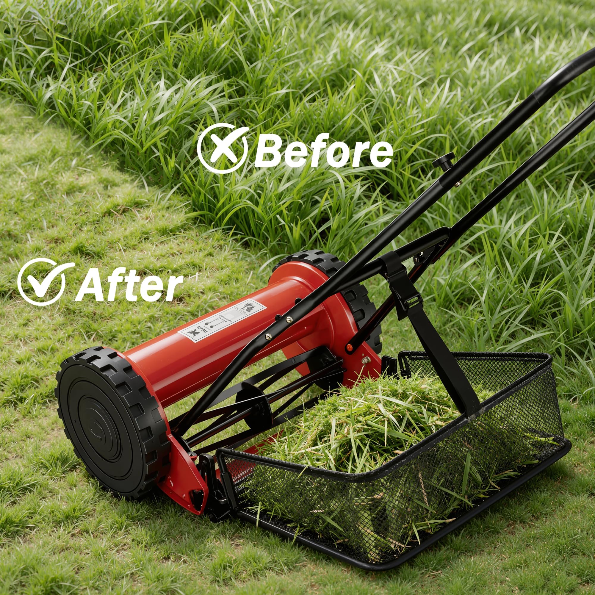 Garvee Cortacésped Manual De Empuje De Acero Al Carbono, 35 cm, Rojo | Con cuchilla de acero al carbono y corte silencioso, sin gasolina ni batería, para jardines pequeños, mide 117 x 49 x 21 cm