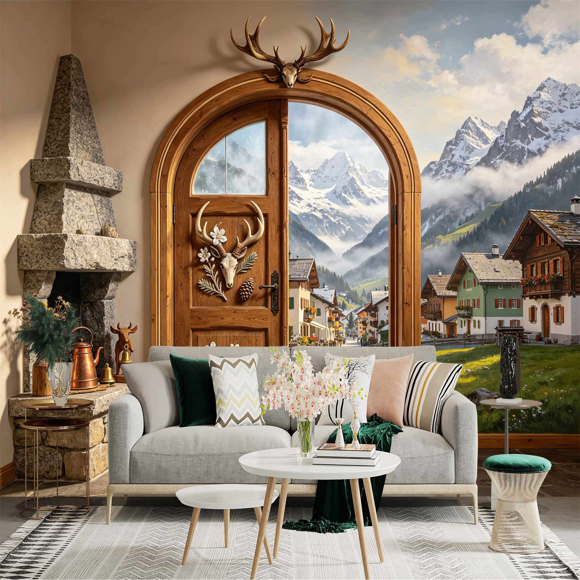 Custom Size Wall Sticker Mural， Rustic Alpine Village， Snowy Mountains， Wooden Arch Door， Cozy Countryside， for wall Decoration， peelandstick wall Decals.