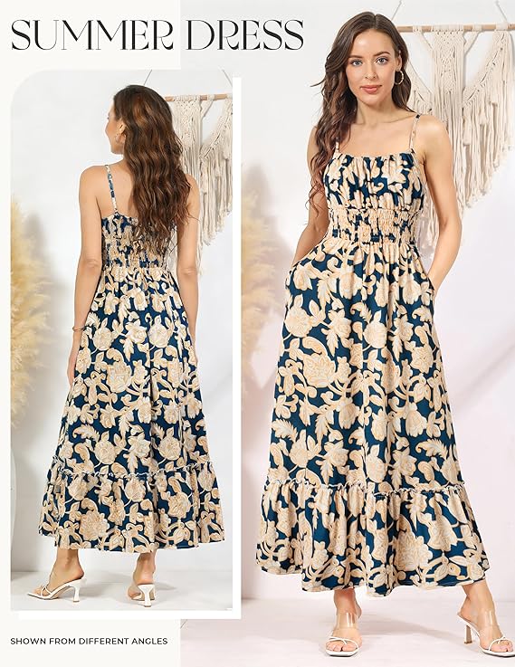 Summer Dresses for Women 2026 Vacation,Smocked Floral Maxi Dress,Boho Beach Sundress with Pocket Fashion Clothing — image 3