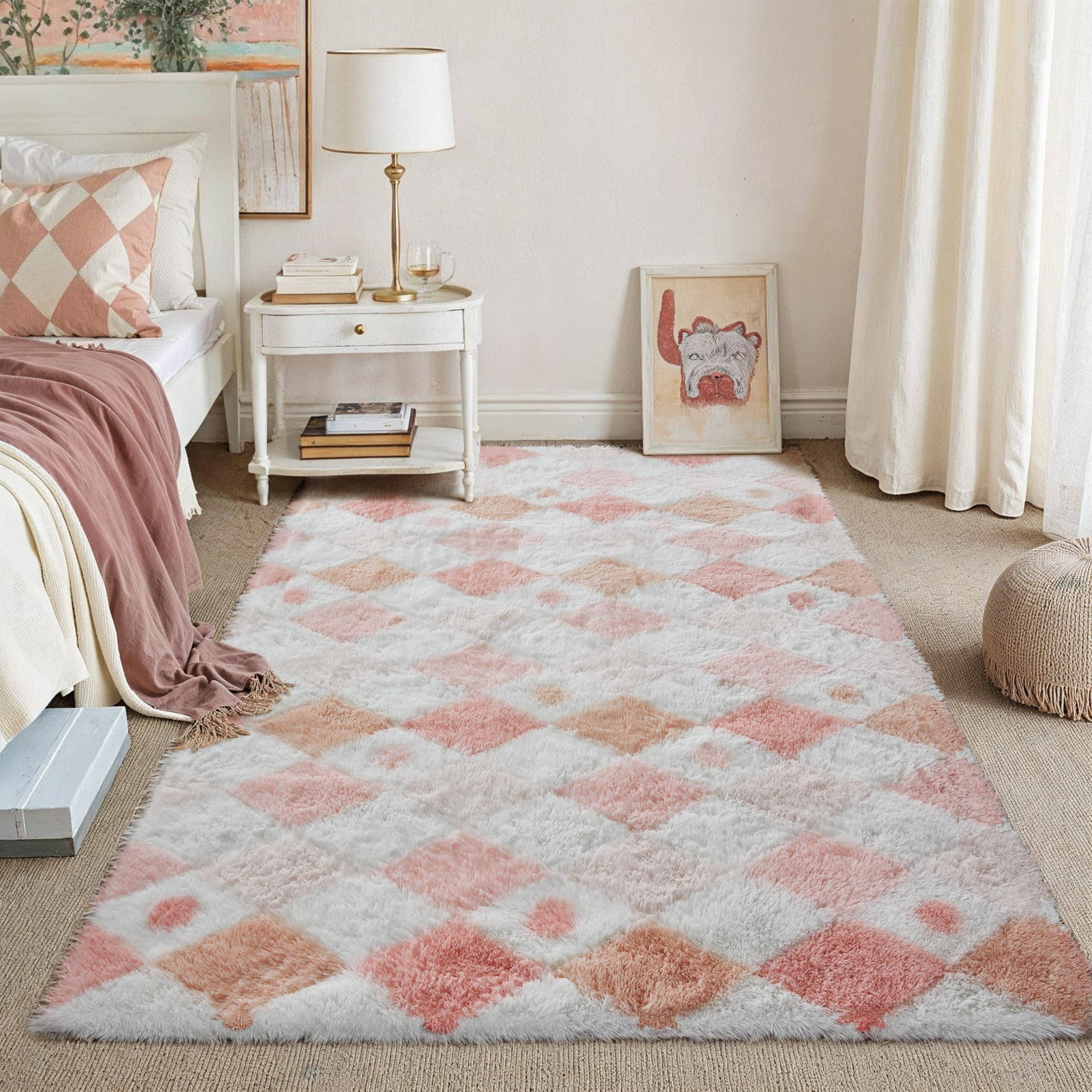 HUGEAR Flauschig Teppich Wohnzimmer 120x180 Teppiche Rosa Weiß Shaggy rutschfest Rautenmuster Carpet Kinderzimmer MäDchen Junge Schlafzimmer Hochflor Weich