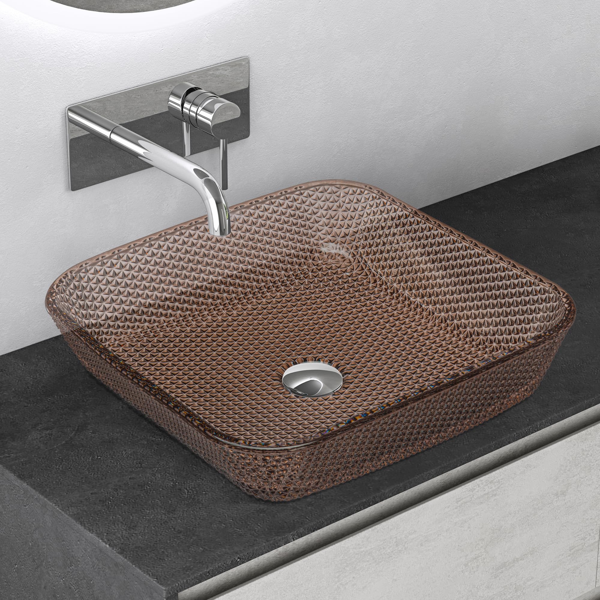 Mai & Mai Lavabo da Appoggio in Vetro 40x40x11cm Caffè, Minerva03 | Vetro Temperato, Lavandino Bagno da Appoggio Rettangolare, Stampaggio Monopezzo, Bordi Sottili, Facile da Pulire