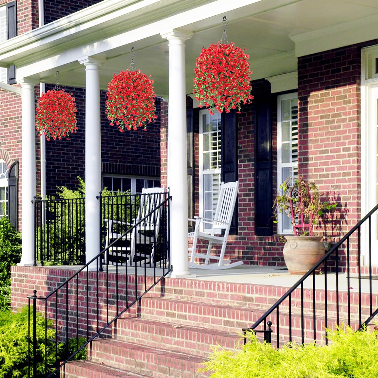 HyeFlora Artificial Hanging Flowers Basket for Outdoor, Fake Flowers Faux Plants Look Real for Yard Gardens Porch Patio Home (Red)