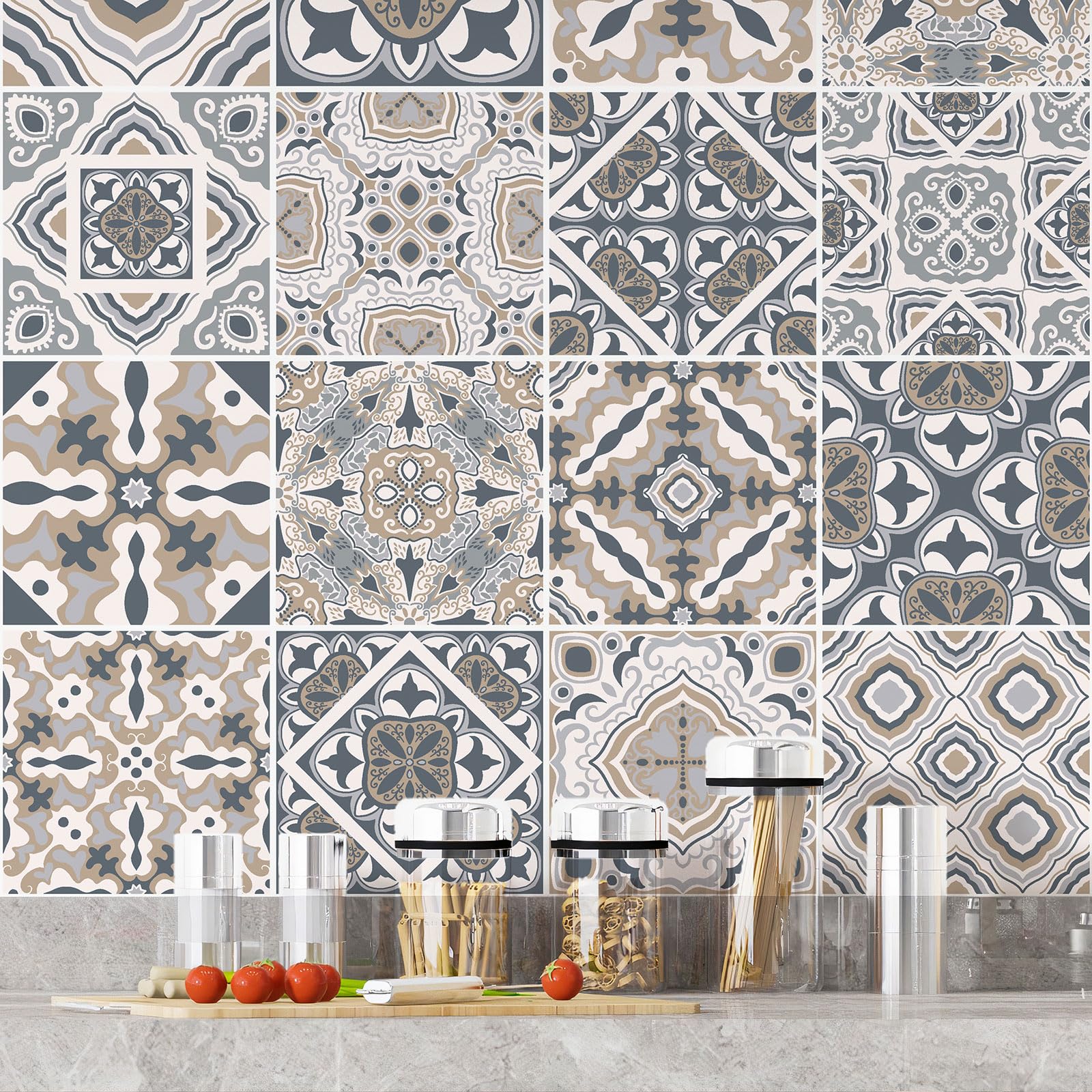 Lumalea Adesivo per cucina, effetto piastrelle di cemento, 3617681487975, adesivo + protezione opaca, 90 x 90 cm