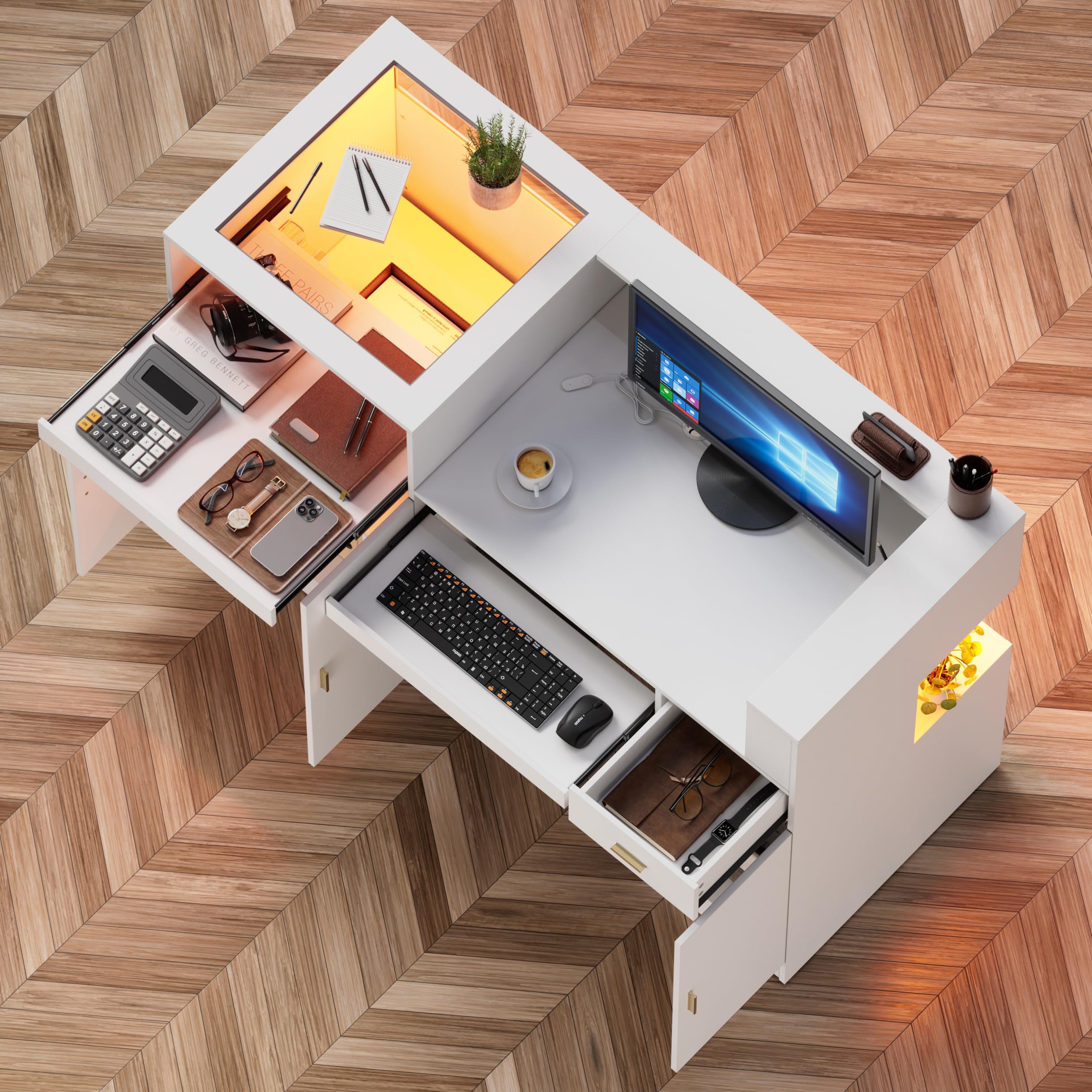 Barra de recepción con LED y estante de cristal, mostrador de venta con cajones con cerradura, mostrador de recepción con bandeja para teclado, mostrador de recepción para oficina, salón, tienda o