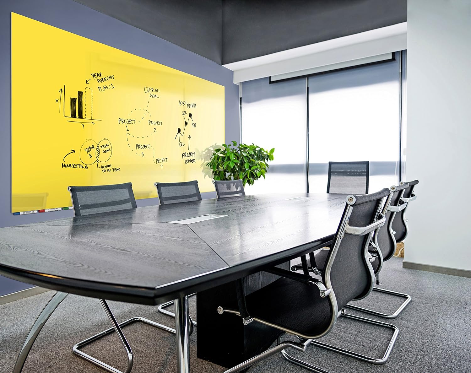 Aria 3'H x 4'W Low Profile 1/4" Glass Whiteboard - Horizontal Yellow - 4 Markers and Eraser