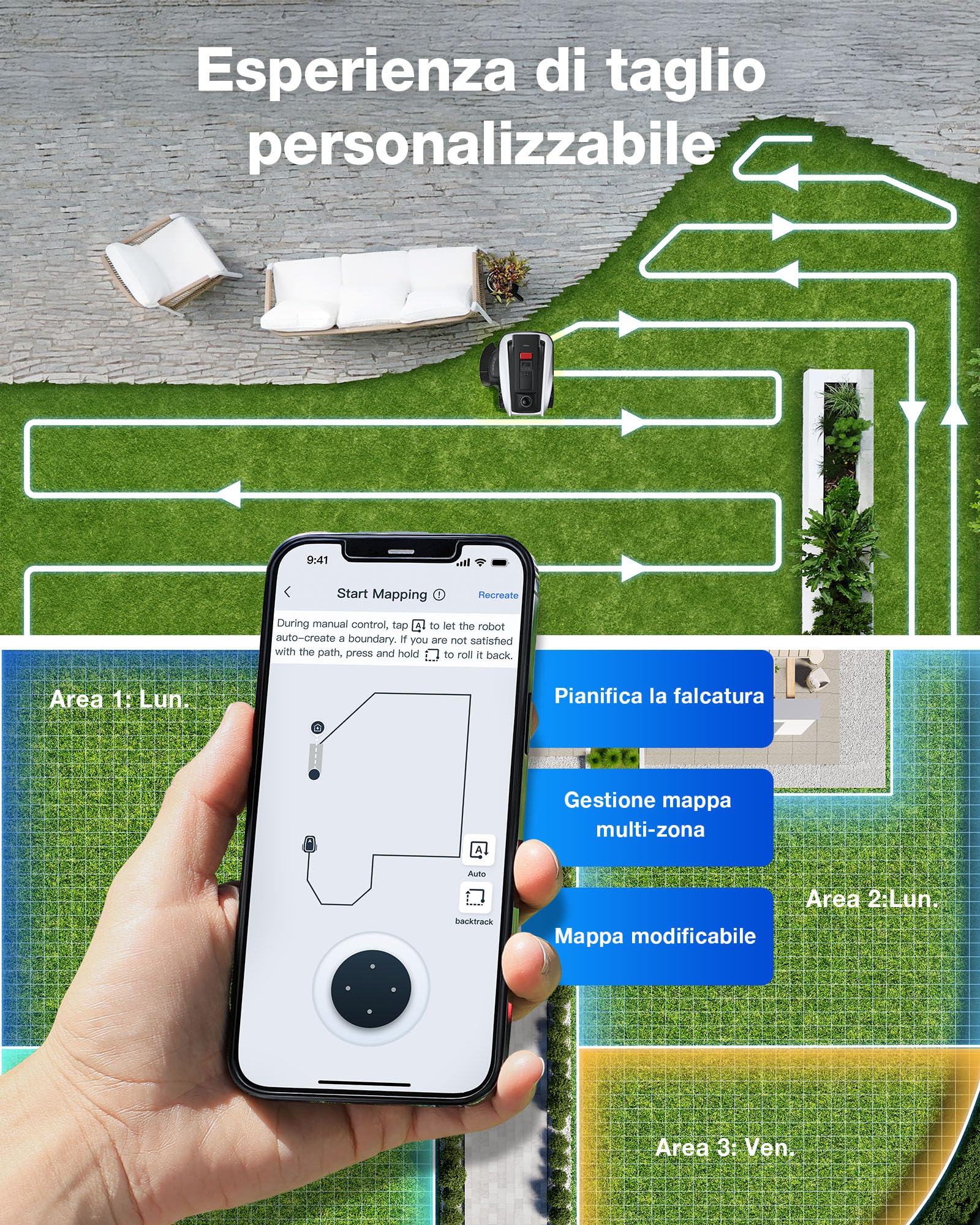 ECOVACS Goat O1200 LiDAR PRO Care Kit Robot Tosaerba senza Cavo Perimetrale, 1200 m², Navigazione Dual-LiDAR a 360°, Mappatura Automatica, Evita Ostacoli IA 3D, Taglio Bordi TruEdge