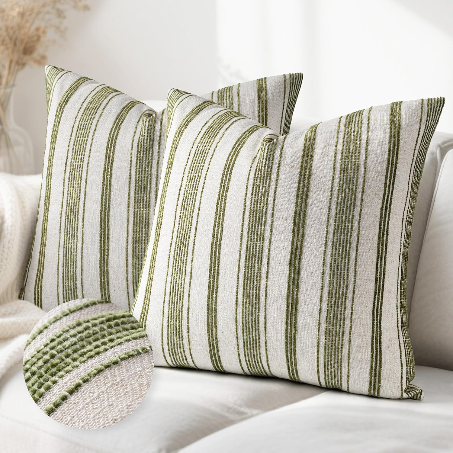 AELS 24x24 Decorative Farmhouse Linen Throw Pillow Covers, Beige with Olive Green Chenille Striped Pillow Case, Set of 2, Boho Textured Cushion Cover for Sofa Couch Living Room (Cover ONLY)