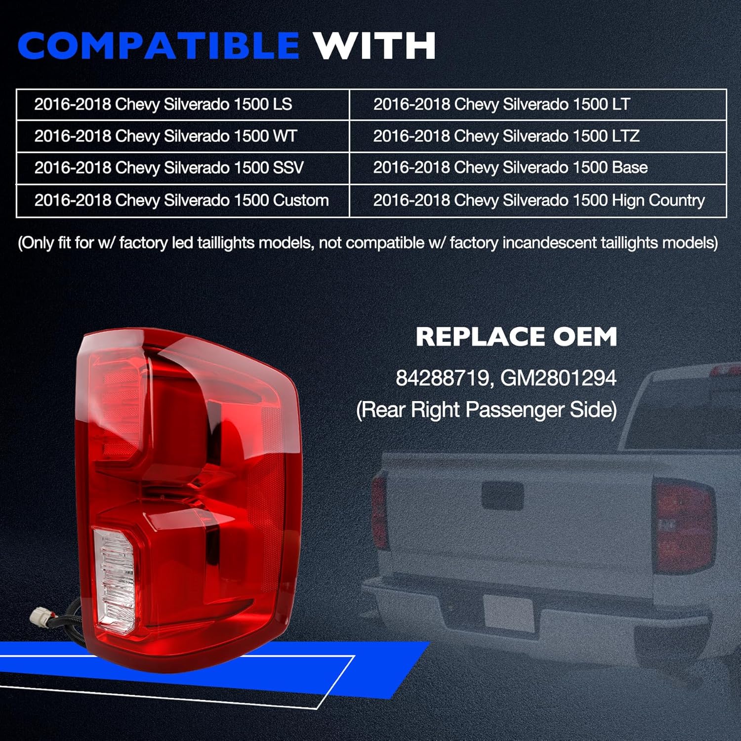LED Tail light Compatible with Chevy Silverado 1500 2016 2017 2018, Replace 84288719 GM2801294, Running Driving Lamp Brake Turn Signal Lighting - Rear Right Passenger Side