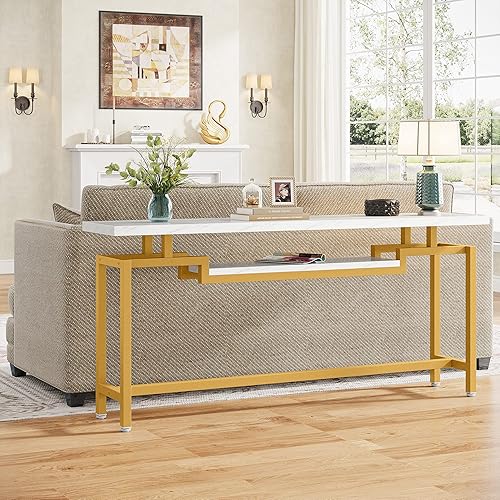 Miniatura 5 de LITTLE TREE Mesa consola de sofá de 70 pulgadas de largo con 2 niveles para sala de estar, entrada, mármol sintético blanco y dorado