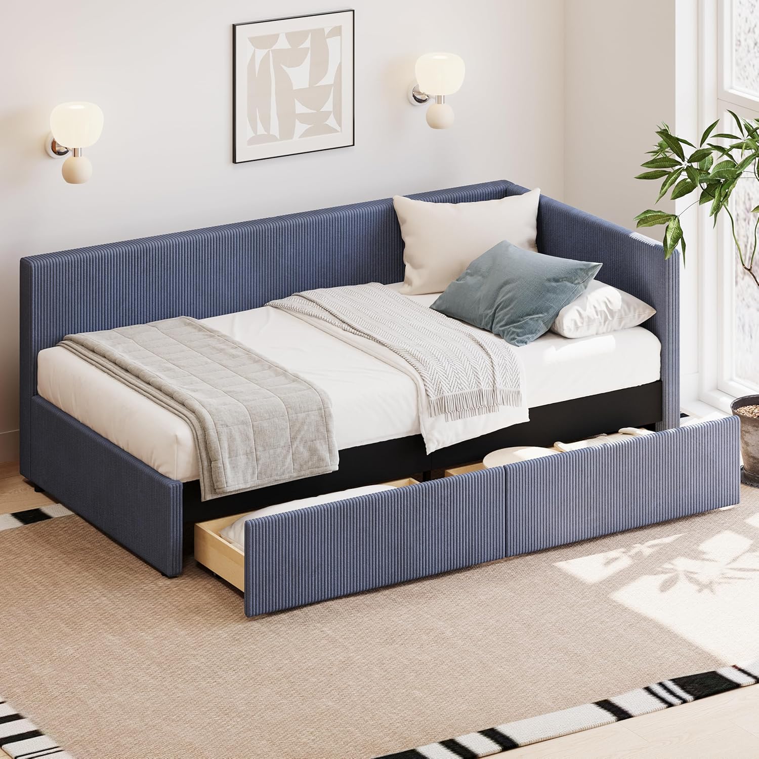 MERITLINE Twin Upholstered Daybed with Storage Drawers,Wood Corduroy Modern L Shape Captain's Corner Bed with Drawers, Easy Assembly (Blue)