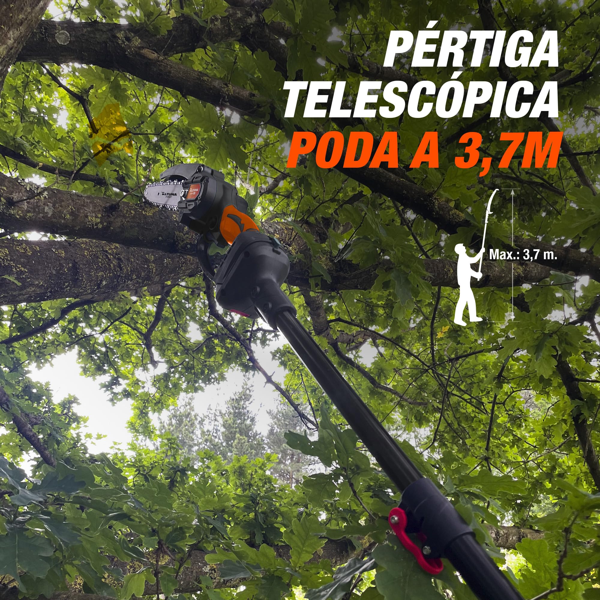 Altuna Kit de Poda a Batería de Titanio - Motosierra a Batería + Tijeras de Podar Eléctricas + Pértiga Telescópica - Incluye 2 Baterías - Pértiga de 1,63m para Poda en Altura - Con Cargador y Gafas