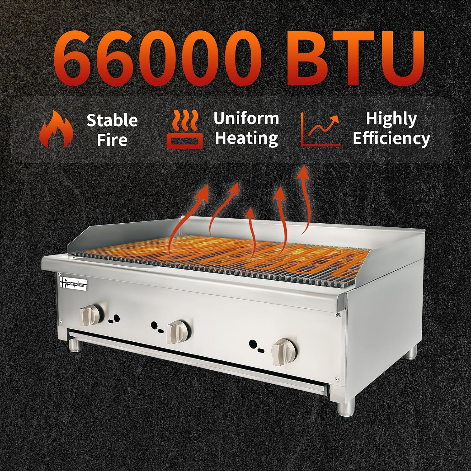36" Commercial Charbroilers, Heavy Duty Natural/Propane Gas 3 Burners BBQ Grill, Stainless Steel Countertop Portable Cooking Equipment Griddle Restaurant - 66000 BTU