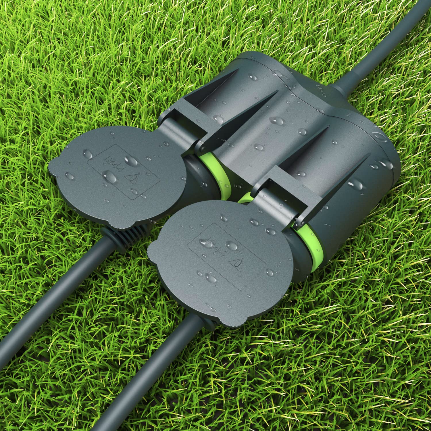 MutecPower 5m Cavo di prolunga con 2 prese Schuko per uso esterno IP44 H05RR-F3G 1,5mm² doppia prolunga con 2 prese con contatti di protezione cavo in gomma da esterno 5 metri nero/verde