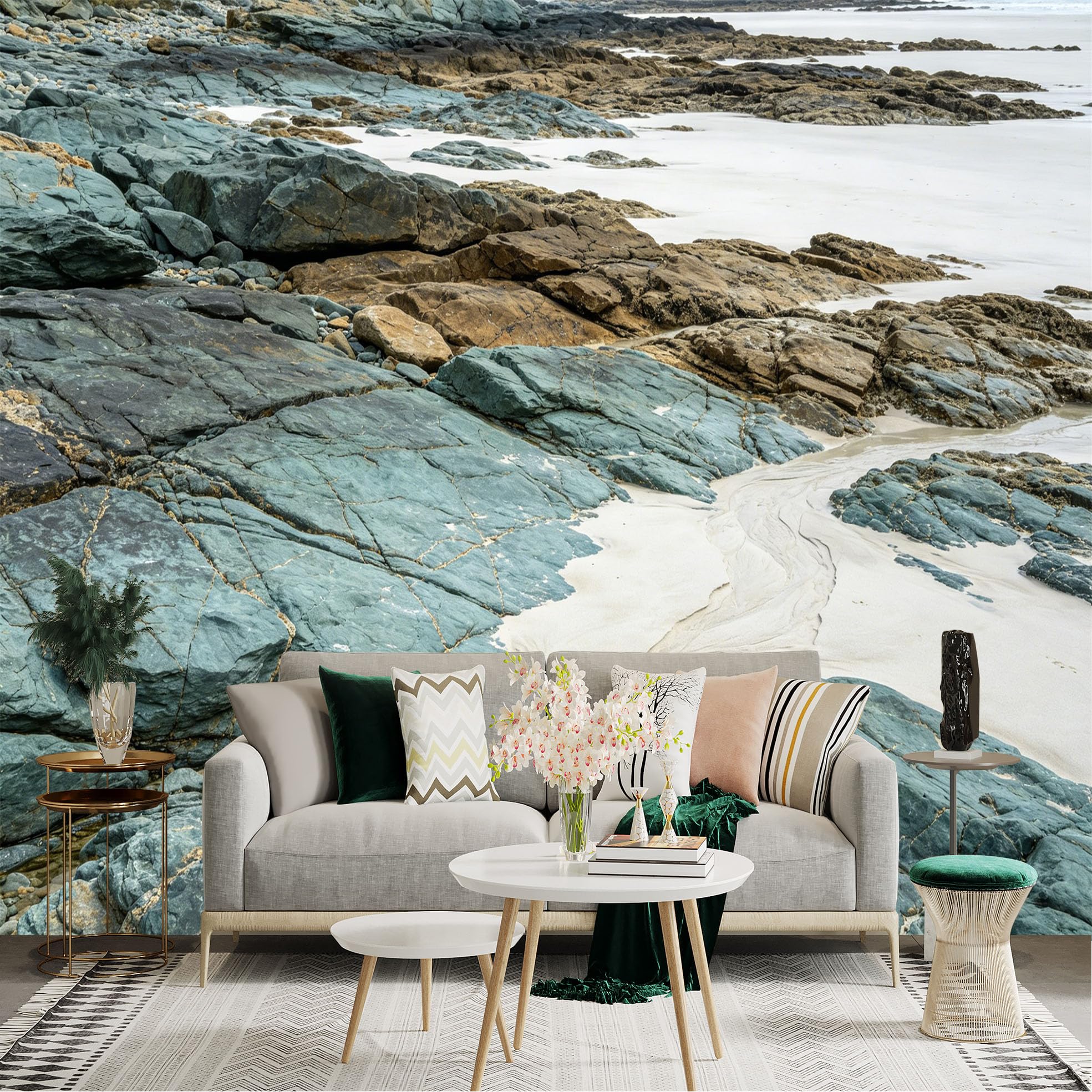 Lnzczhyre Dbh260521091 Custom Size Wall Sticker Mural， Coastal Ocean Shoreline， Rugged Natural Rocks， Sandy Beach Landscape， Serene Seascape， For Wall Decoration， Peelandstick Wall Decals.