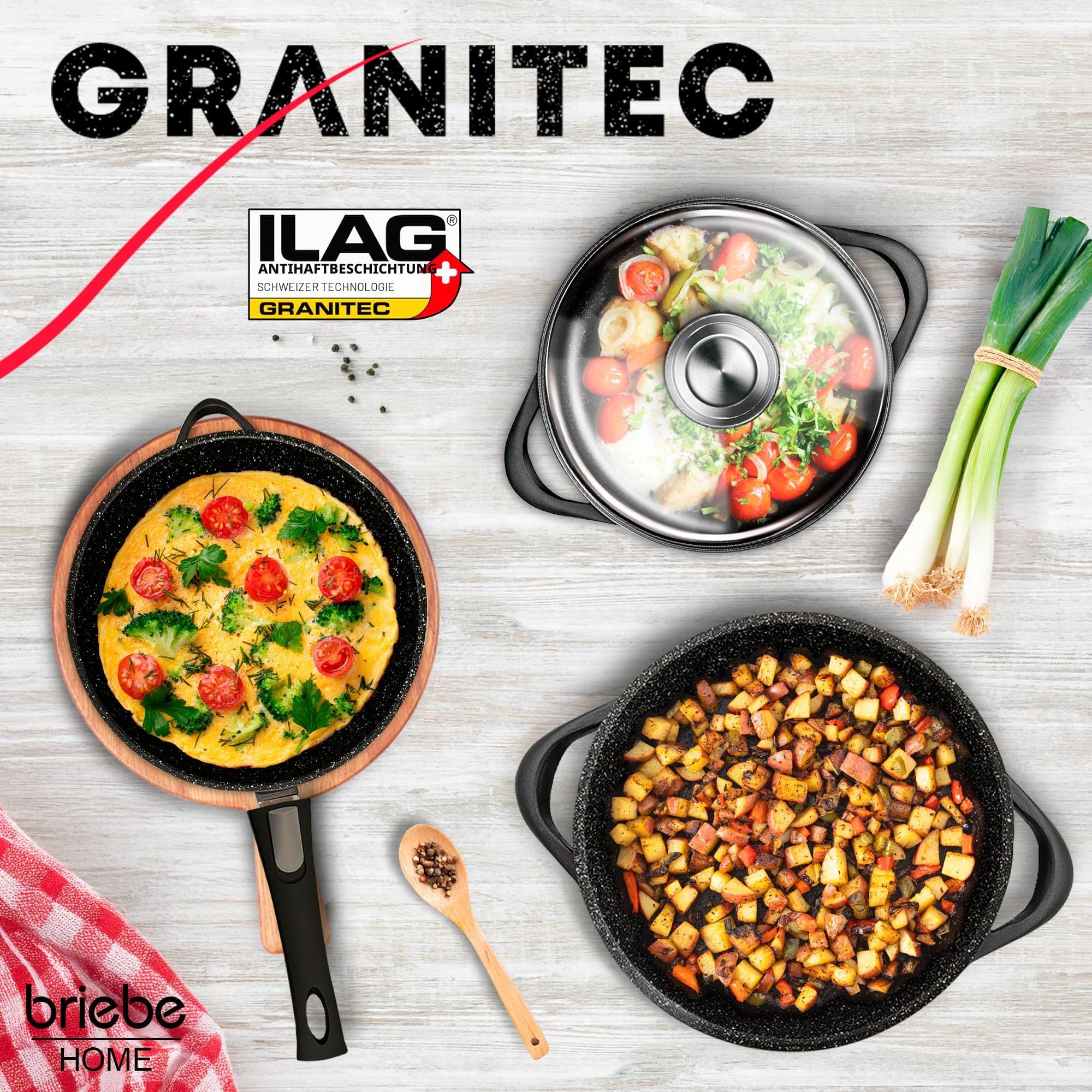 briebe Induktions-Kochgeschirr-Set 12 Teile, Set mit 4 Töpfen aus Aluminiumguss + 2 Pfannen, Antihaftbeschichtung ILAG GRANITEC ohne PFOA, Kasserolle-Set mit Glasdeckeln, Silikonhandschuhe