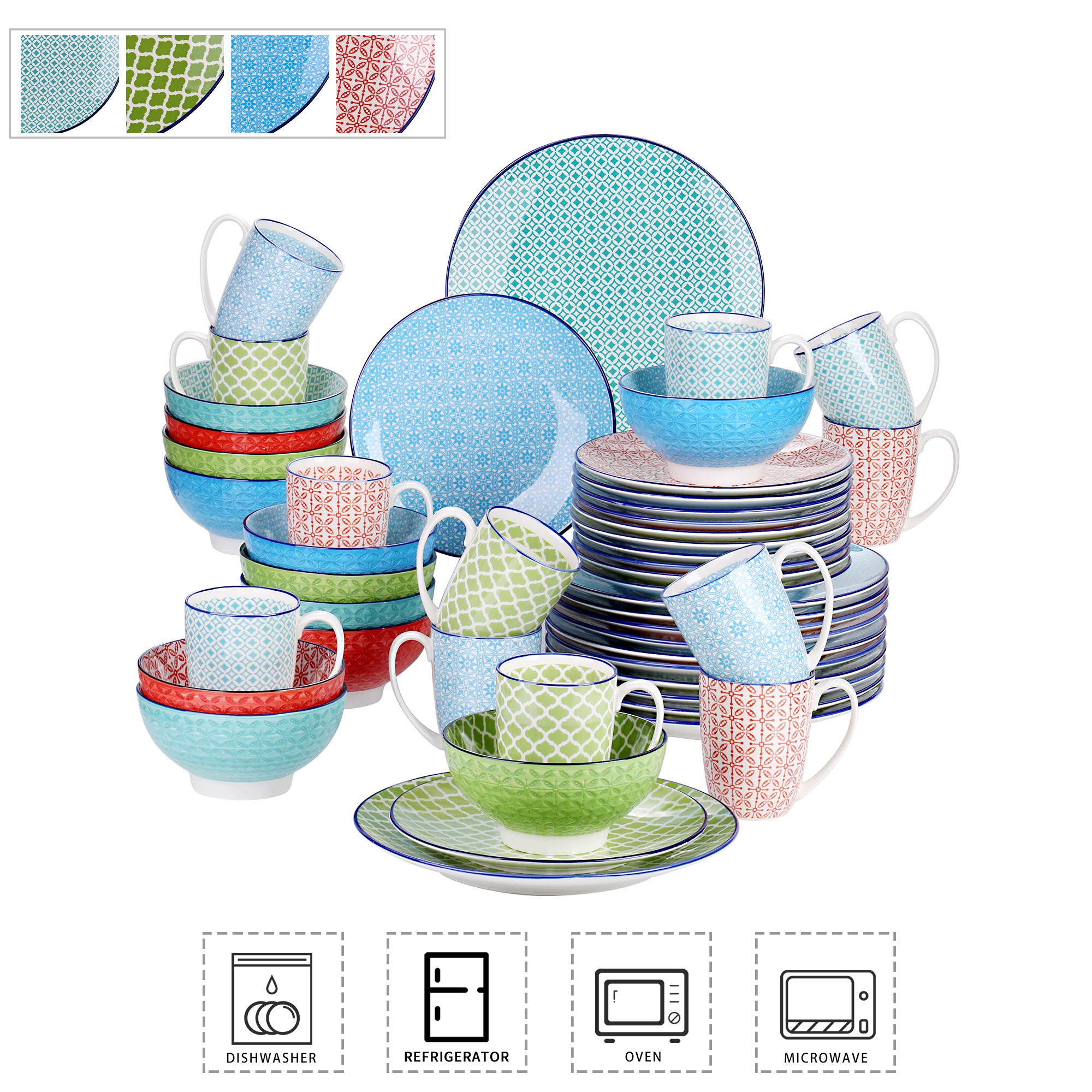 Tafelservice porzellan, vancasso Tafelservice bunt, MACARON 48 teilig Geschirrset, mit je 12 Speiseteller, Dessertteller, Müslischalen und Kaffeebecher für 12 Personen