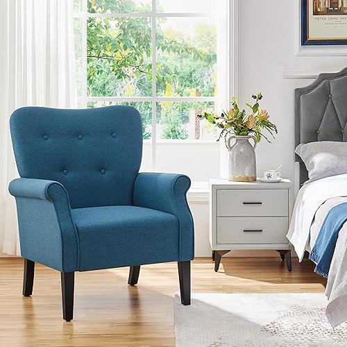 Miniatura 2 de Topeakmart Silla decorativa de tela, sillón moderno de poliéster con patas de madera, respaldo alto y cómodo asiento acolchado para sala de estar,