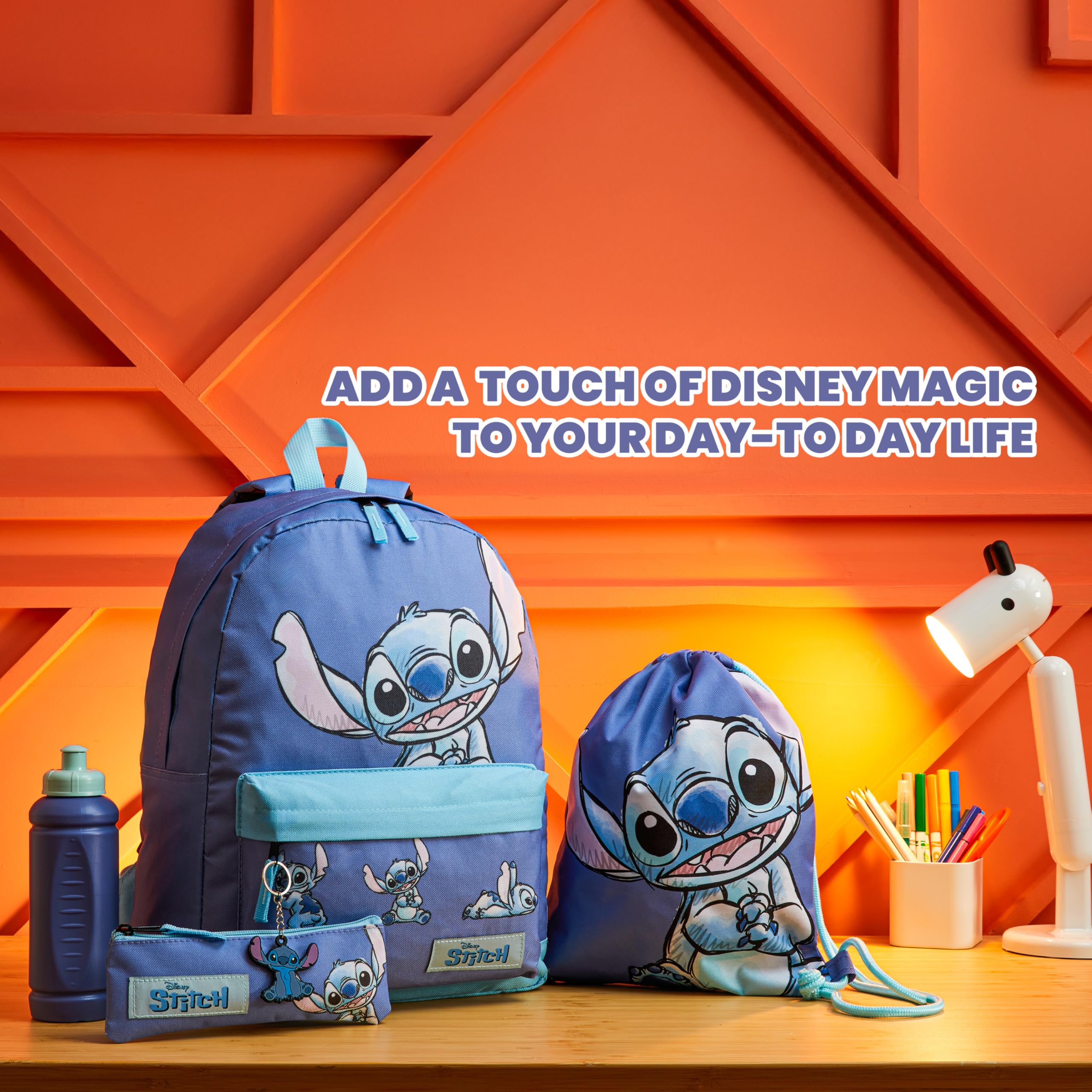 Disney Stitch Sac a Dos Fournitures Scolaires Lot 5 Pièces avec Sac de Natation Trousse Bouteille d'eau et Porte-clés Cadeau Enfant