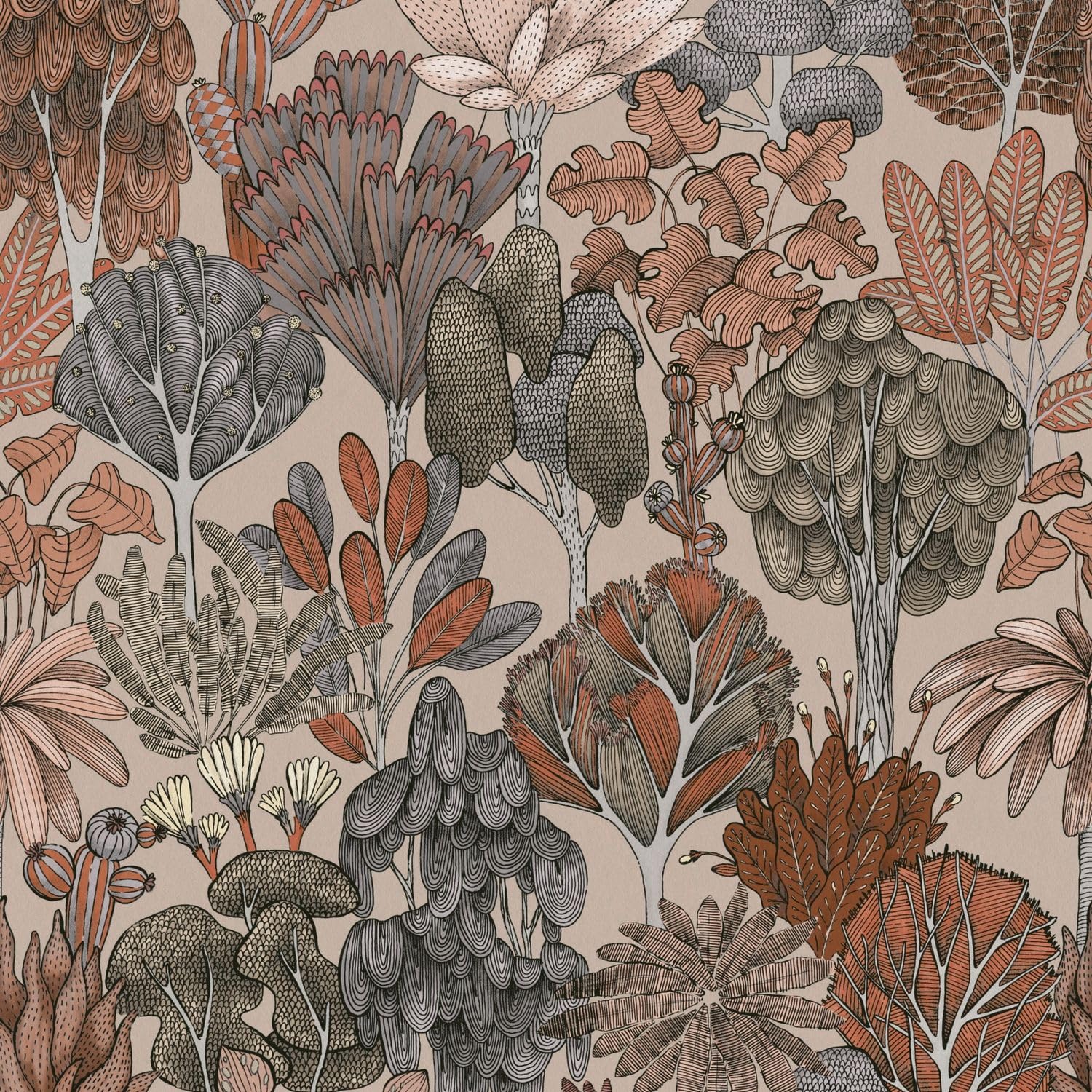 Papier peint motif forêt beige orange gris rouge intissé TNT Profhome