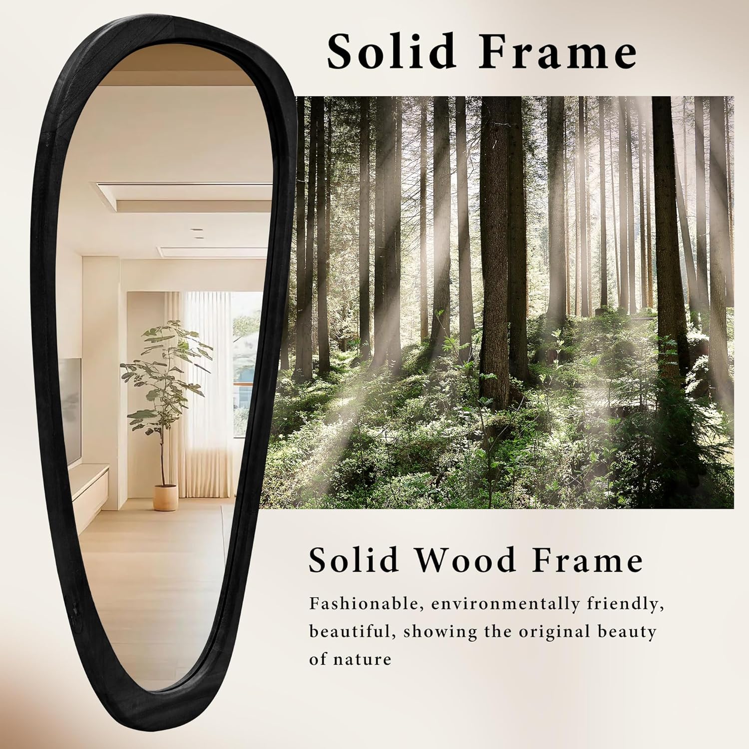 22‘’x48'' Asymmetrical Rustic Wall Mirror for Bathroom Black Wood Frame, Irregular Classic Mirror Farmhouse Vanity Mirror,Mid Century Modern Mirror Decor Living Room, Bedroom, Entryway