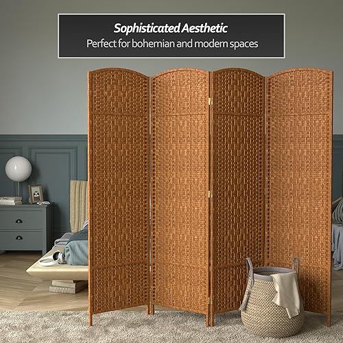 Miniatura 45 de Divisor de ambiente resistente de 6 pies, pantalla de privacidad plegable de fibra de ratán con patrón de diamante, Madera, Natural Natural,Mocha
