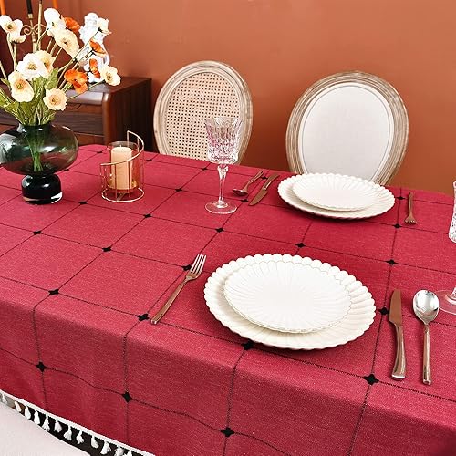 Miniatura 4 de Mantel ovalado rojo a cuadros de lino de algodón pesado a cuadros para comedor y cocina, decoración de mesa, 55 x 78 pulgadas