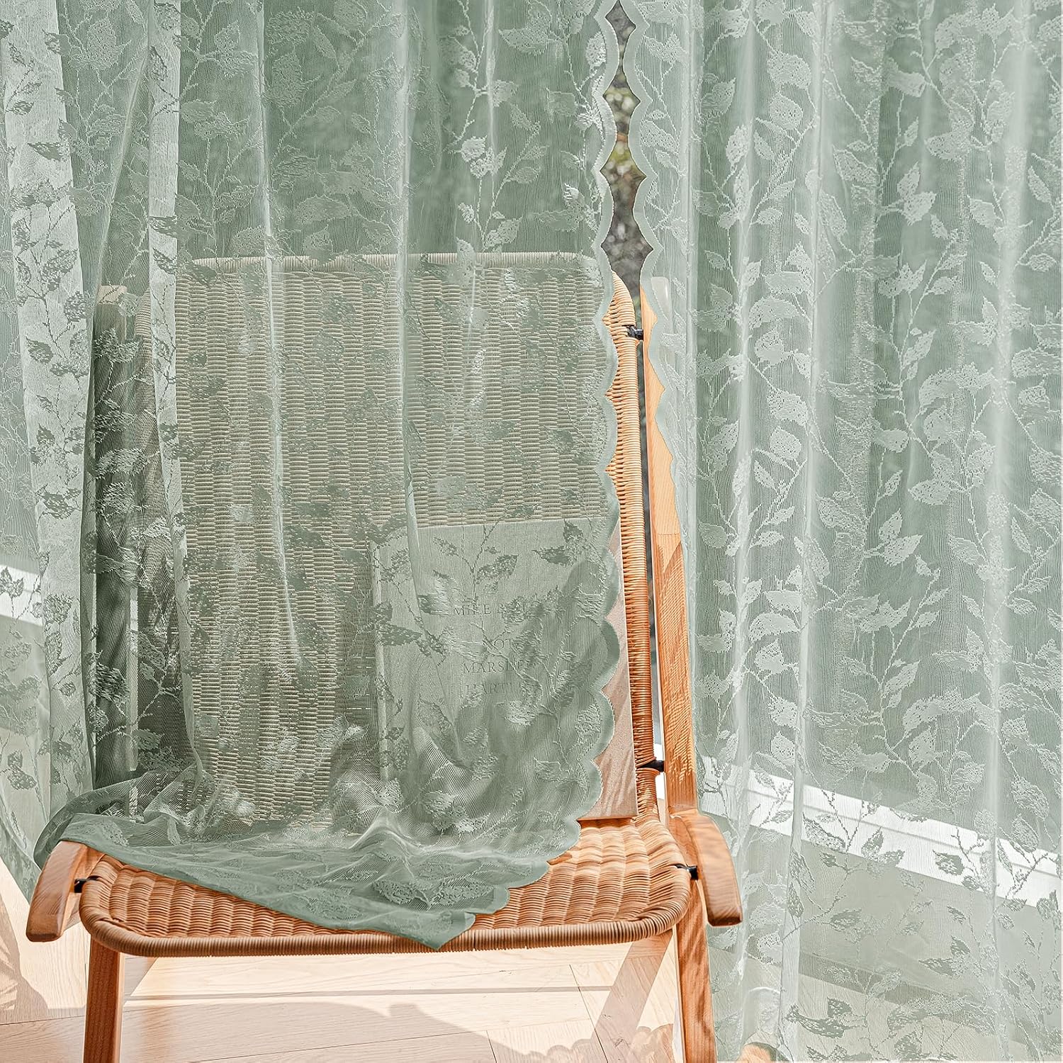 Rinwoc Sage Green Lace Semi-Sheer Curtains – Vintage Leaf Pattern Lace for Bedroom/Bathroom, Light Filtering Rod Pocket Drapes, Privacy Chic Window Treatments, 52W x 72L Inch, 2-Panel Set