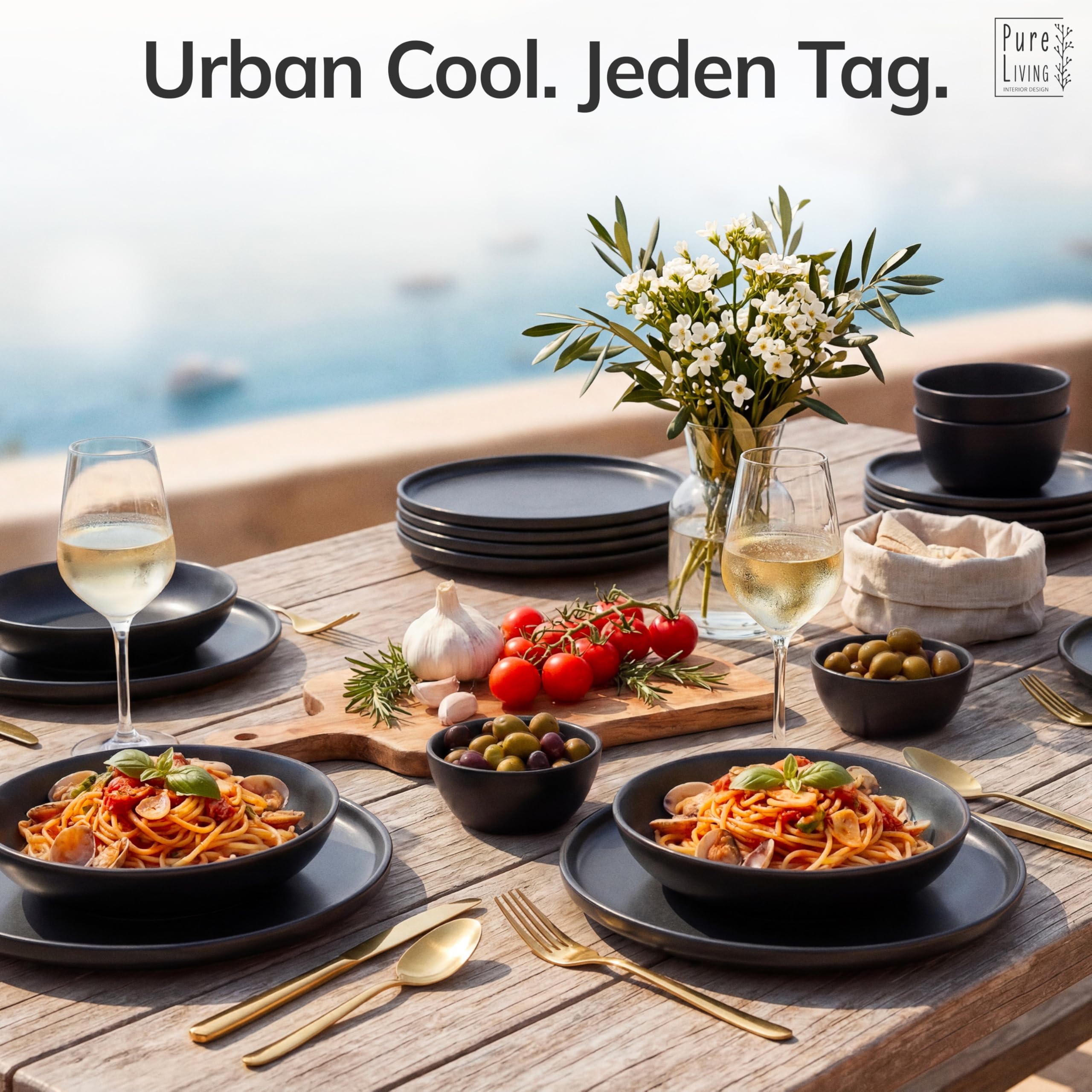Steingut Geschirrset 6 Personen Manhattan 24-tlg. TESTSIEGER, Cooles Urbanes Steingut Geschirr Set, Schüssel- und Teller Set, Tafelservice 6 Personen, Geschirrsets Pure Living in matt Schwarz
