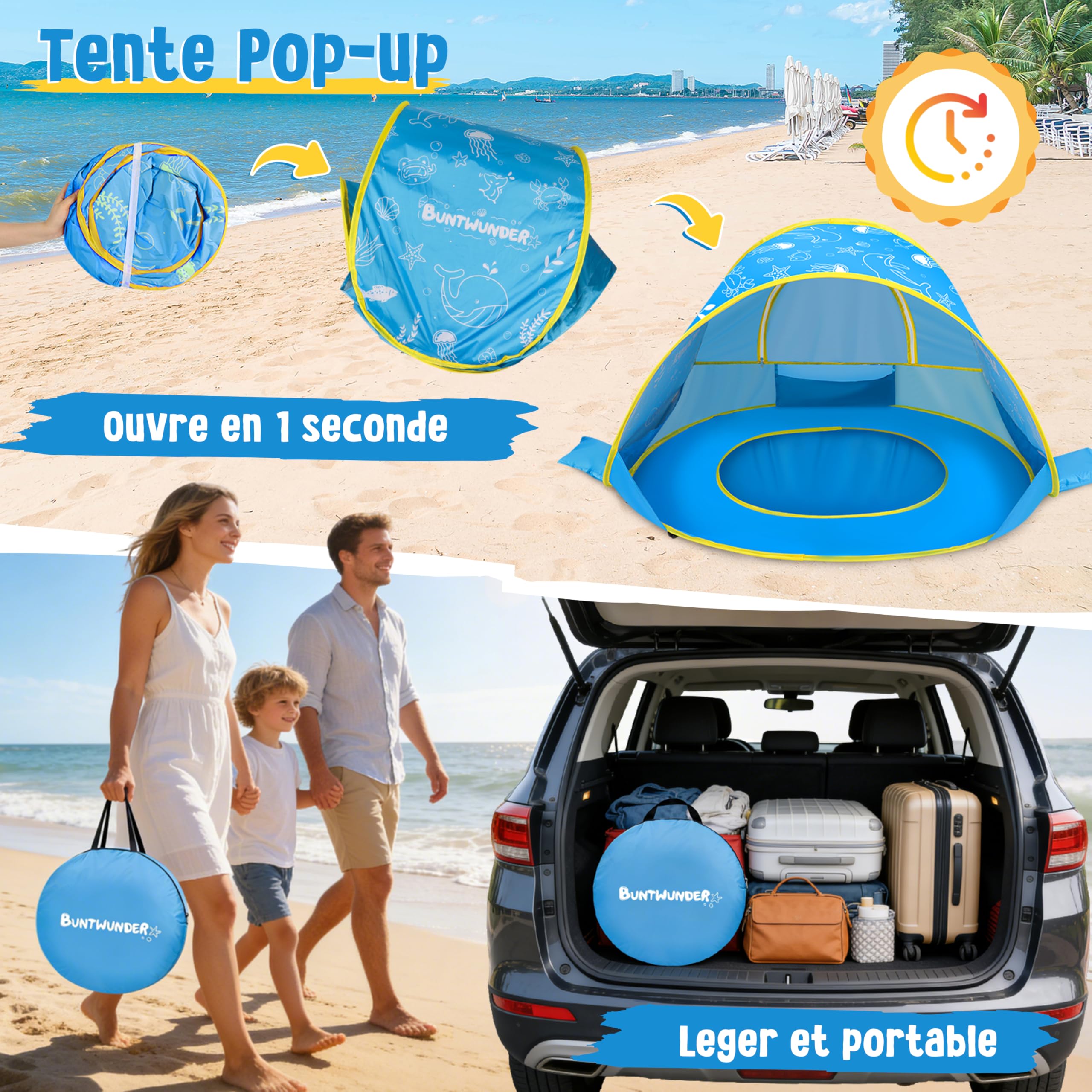 Herenear Grande Tente de Plage Bébé avec Protection UV 50+, Pop Up, Portable, Tente de Plage avec Sac de Transport et piquets pour Maison, Cour, Camping (Bleu)