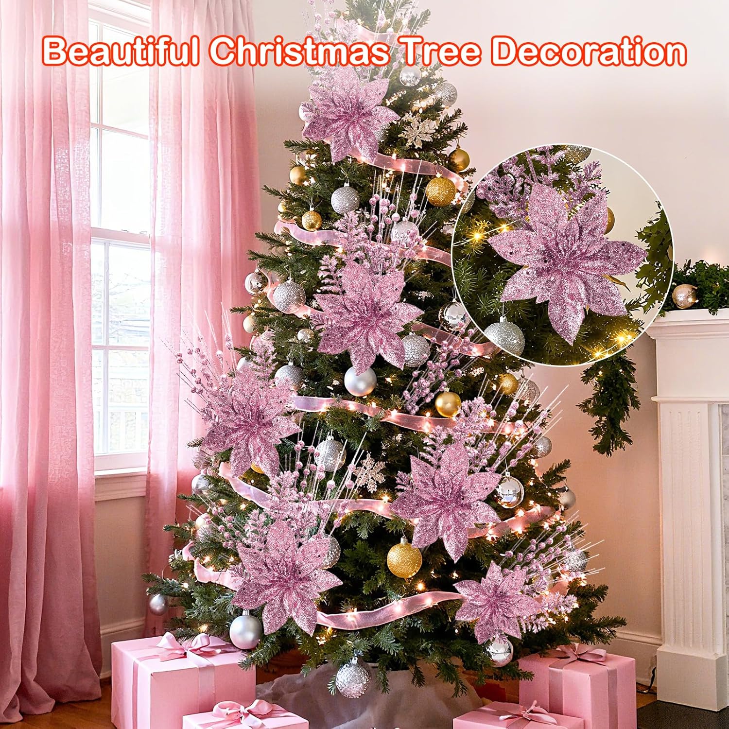 18 Pack Christmas Tree Ornaments Set, 17.5 Inch Pink Fake Christmas Picks Decorations with 2 Styles, Artificial Glitter Berry Stem Ornaments for Christmas Tree Wedding Small Vase Wreath Decor
