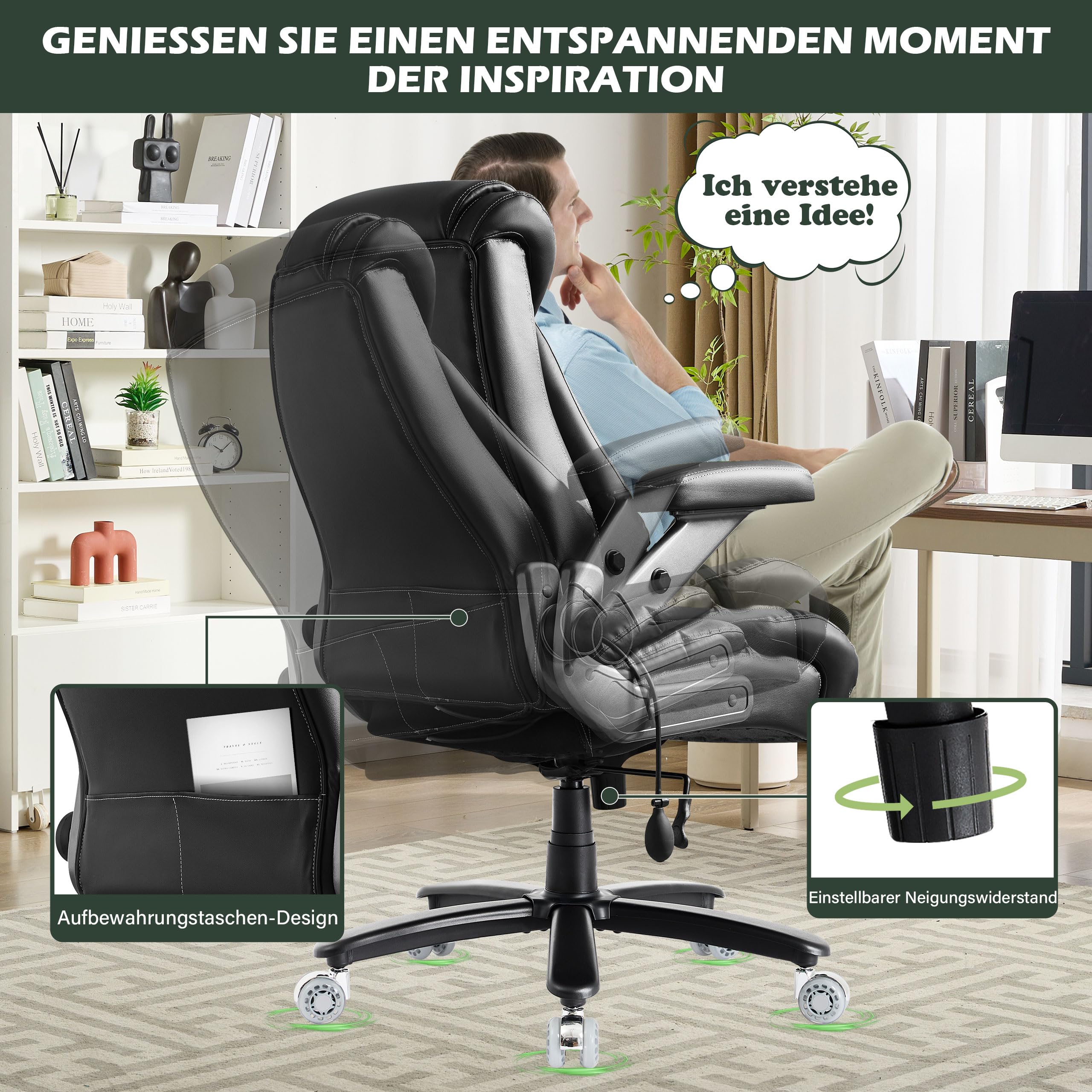 Bosmiller Chefsessel Bürostuhl 250kg Belastbarkeit Ergonomischer Bürostuhl Schreibtischstuhl mit Verstellbare Armlehnen