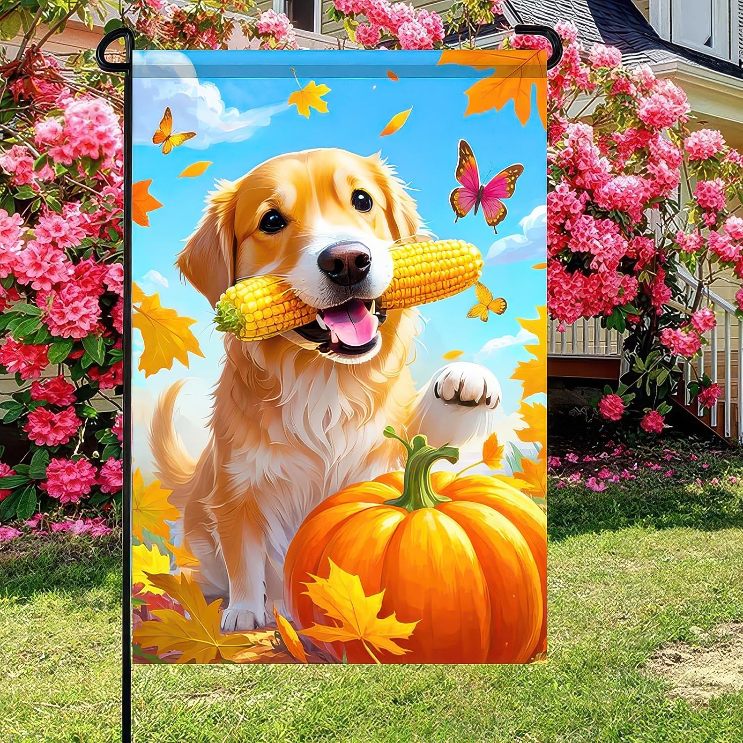 Thanksgiving Fall Garden Flag 12x18 Inch Welcome Golden Retriever Outdoor Flag Double Sided Autumn Yard Banner with Red Birds Leaves for Porch Lawn Patio Seasonal Decor - Image 3