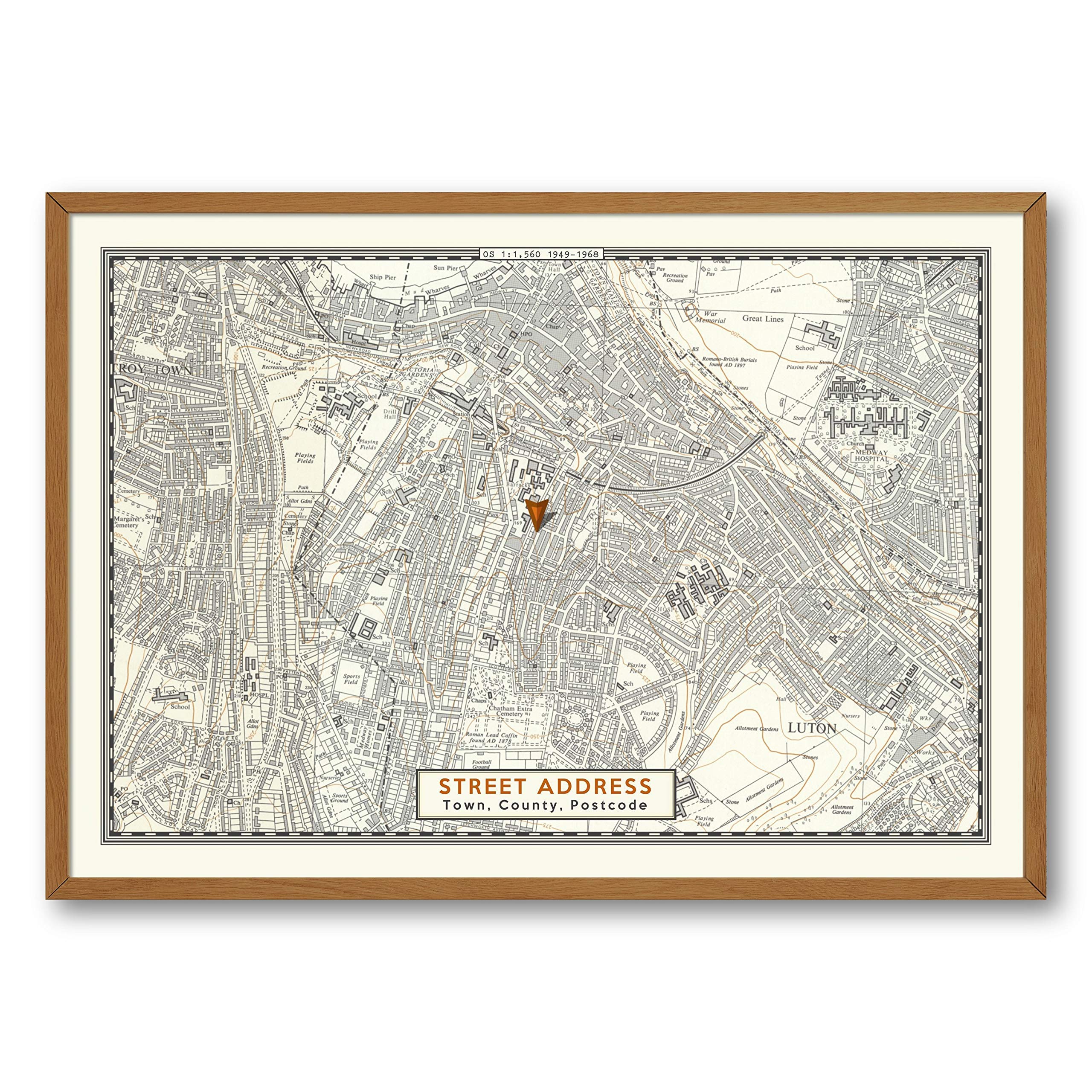 Vintage Art Print, Custom Map, Vintage Town Map, Personalised Gift, Any Address in UK, Vintage Wall Art, Retro Design, A4 A3 A2