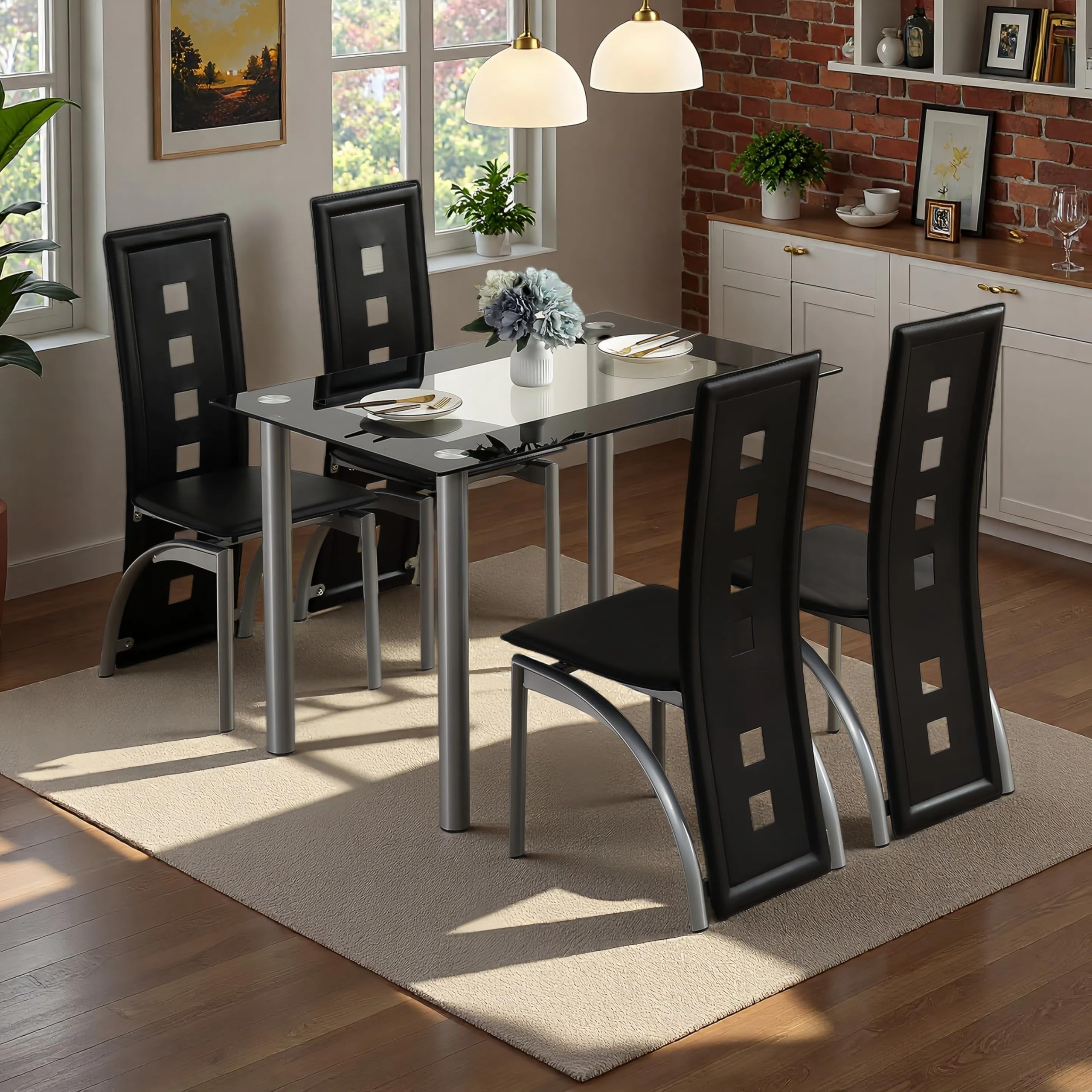 Karl home 5-Piece Dining Table Set with 1 Glass Dining Table and 4 PVC Chairs, Modern Dining Table Set for Kitchen & Breakfast Dining Living Room, Space Saving