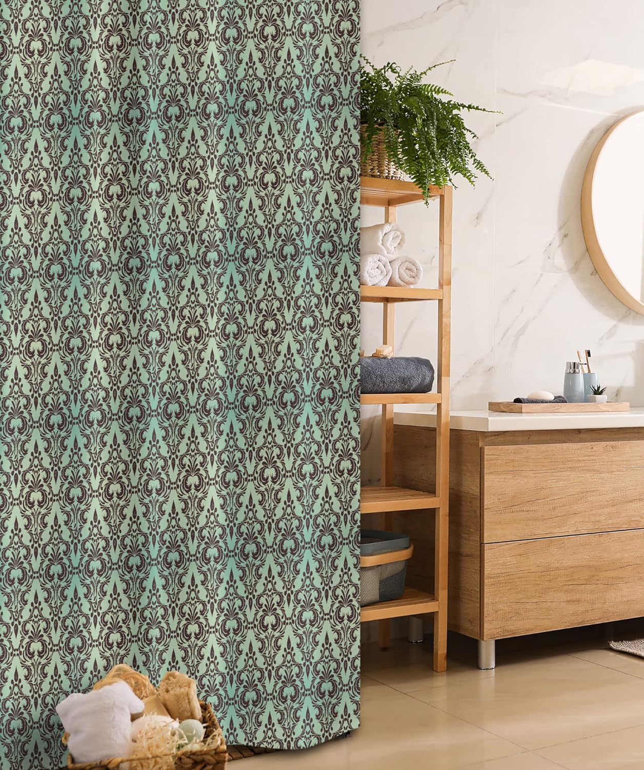 Ambesonne Damask Stall Shower Curtain, Pastel Background Ornamental Surreal Curved Leaves Buds Flowers Print, Fabric Bathroom Decor Set with Hooks, 36" W x 72" L, Mint Green Dark Brown