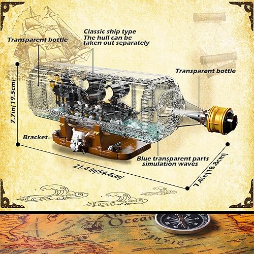 Miniatura 6 de Addshiny Ideas Ship in a Bottle - Juego de bloques de construcción, botella de deriva con perla negra, kit de construcción de modelo de barco pirata