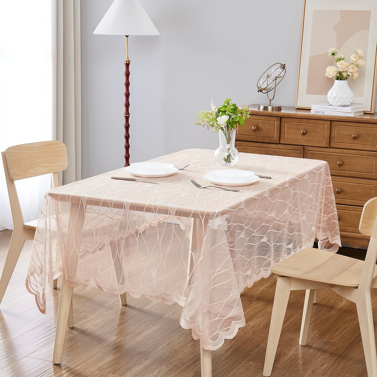 DECOPOTS White 60 x 120 inches Lace Tablecloth | Rectangle Tablecloth with Modern Stripes Design | Dining Table Cover for 10-12 Guests (White, Rectangle 60" x 120")