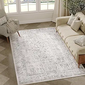 Gray Area Rug 4x6 Office Entryway Rug Machine Washable Kitchen Vintage Distressed Non Slip Carpet Indoor Grey Retro Floral Accent Throw Door Mat for Bathroom Bedroom Dining Living Room