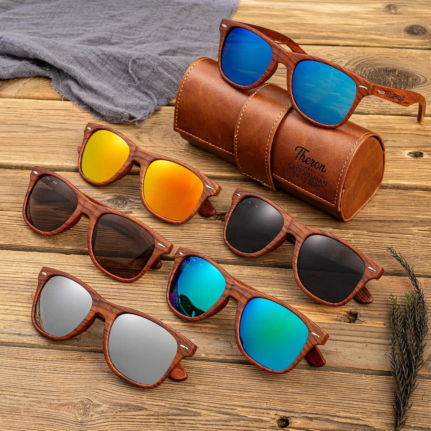 Personalized Wooden Sunglasses with Leather Case,Dark Polarized Lenses,Suitable for Both Men and Women,Bridesmaid Gift,Men's Gift,Gift for Her,Wedding Gift