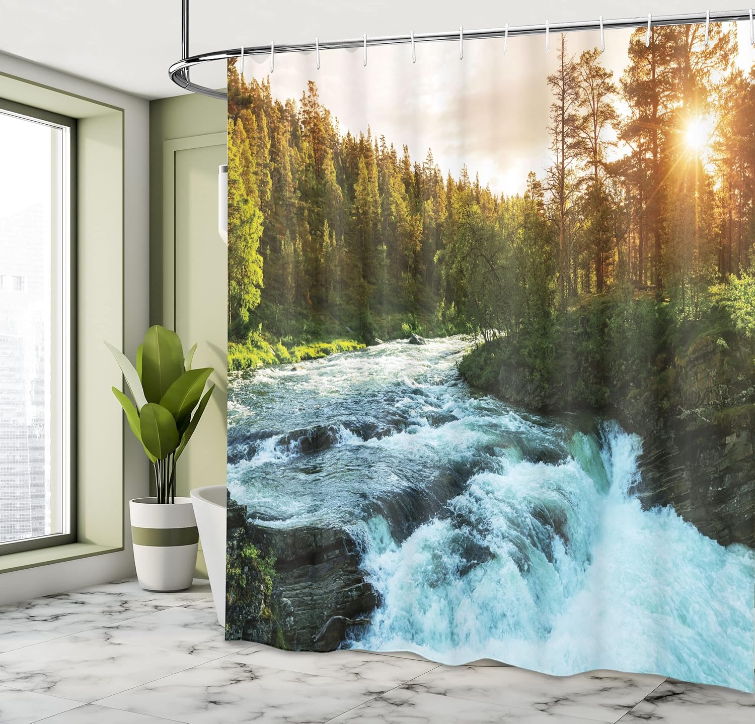Ambesonne European Shower Curtain, River in Norway Sunrise Sunbeams Through Pine Trees Springtime Scenic, Cloth Fabric Bathroom Decor Set with Hooks, 69" W x 70" L, Apple Green Pale Blue
