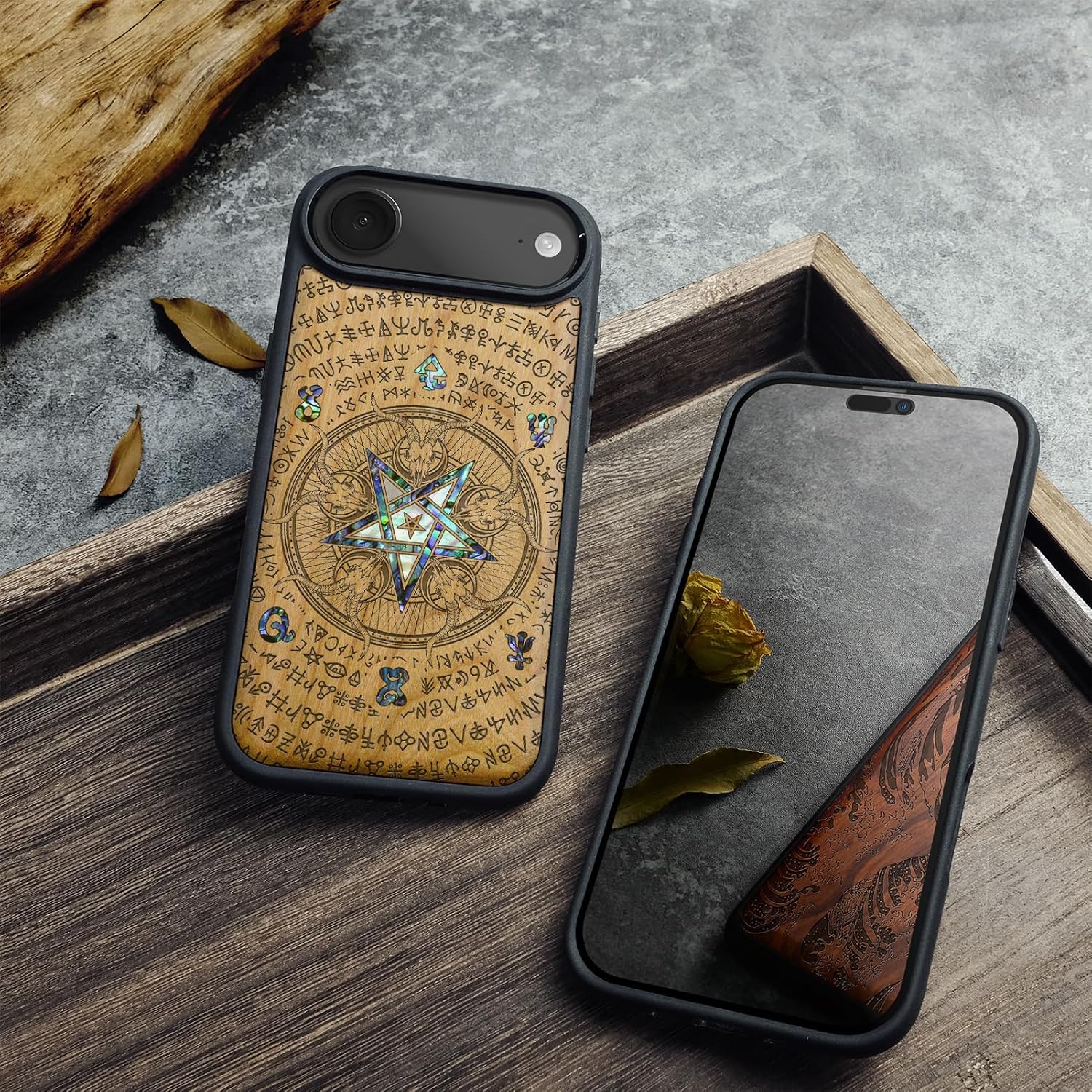 Carveit Magnetic Case for iPhone Air Case, Wood Artisan Engraved & Handmade Shell Inlaid, TPU Shockproof Cover, Compatible with MagSafe 17 Air Wireless Chargers (Whisper of The Abyss-Cherry)