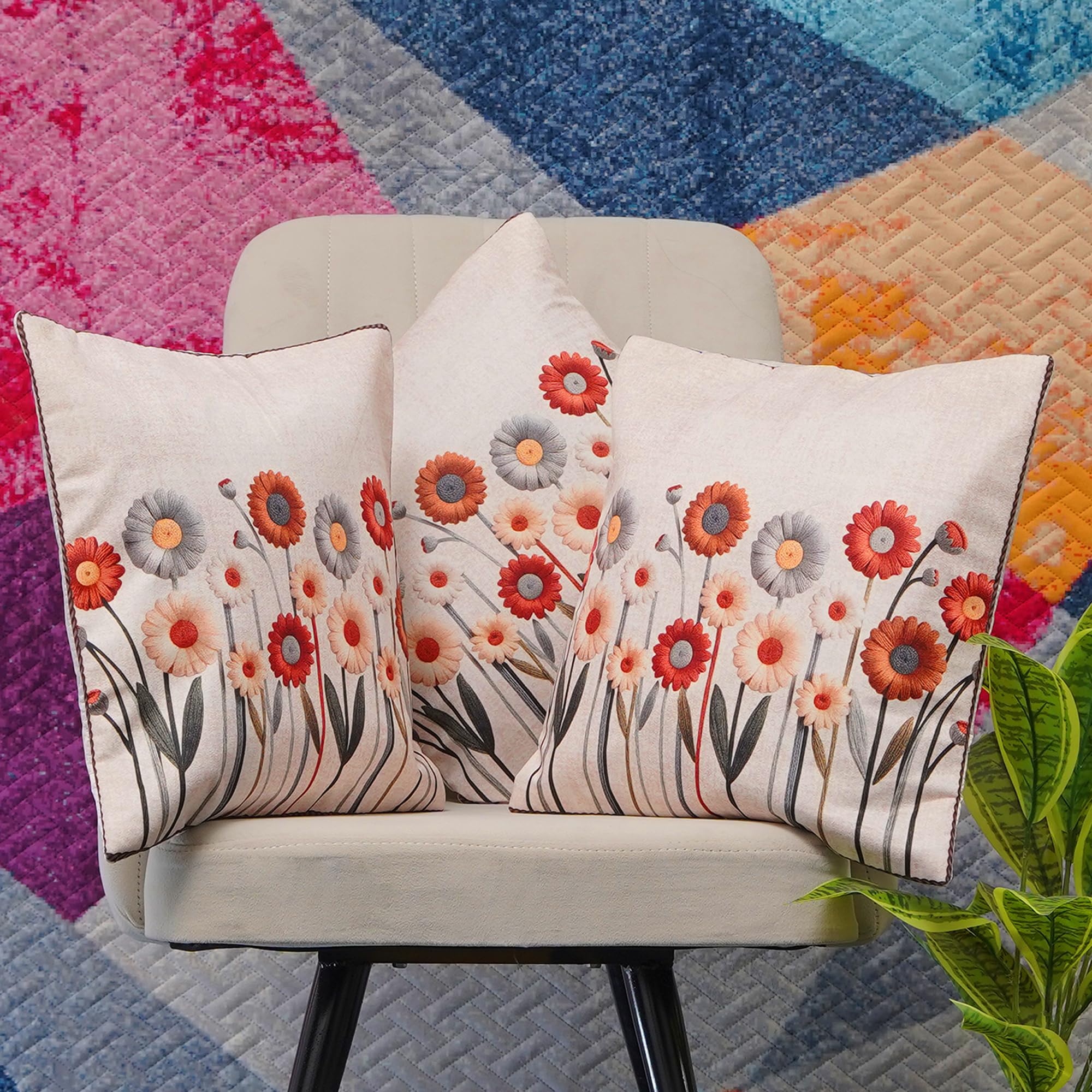 Floral Printed Cushion Covers, Velvet Daisy Design, 16x16 Inch Decorative Cushion Cover, Set of 3 Pieces (Beige)-image-34