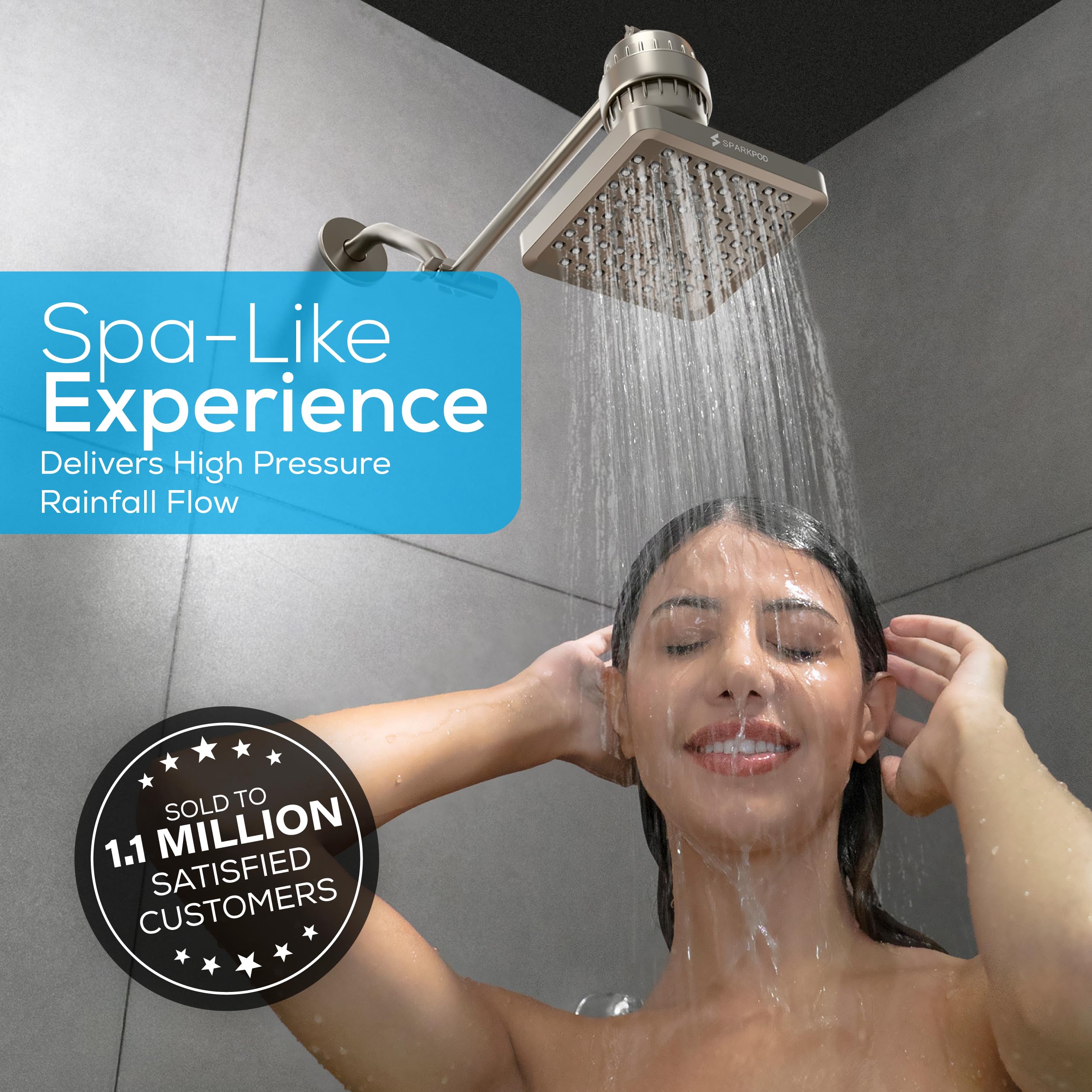 SparkPod Fixed Shower Head - High Pressure Rain - Luxury Modern Look - Easy Tool Free Installation - The Perfect Adjustable Replacement (Brushed Nickel, 15cm Square)