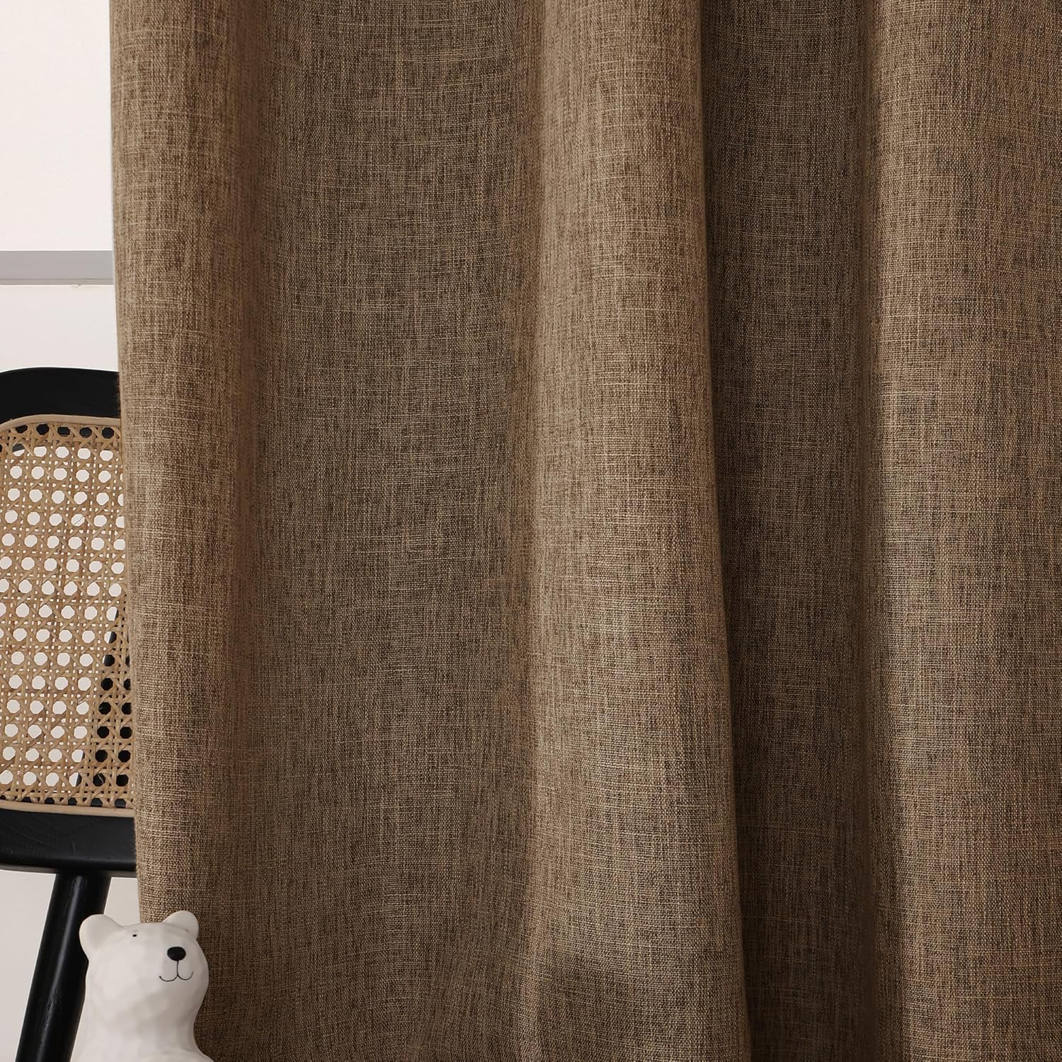 INLINAS Faux Linen Knotted Texture Blackout Curtains - 100% Light Blocking, Noise Reducing Triple Layer Fabric Back Tab and Rod Pocket for Bedroom, Set of 2, Brown, 52 x 96 Inch