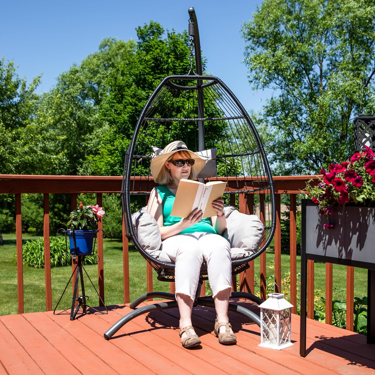 Sunnydaze Oliver Hanging Egg Chair with Seat Cushions - Black Resin Wicker Frame with Gray Polyester Cushions - 48-Inch